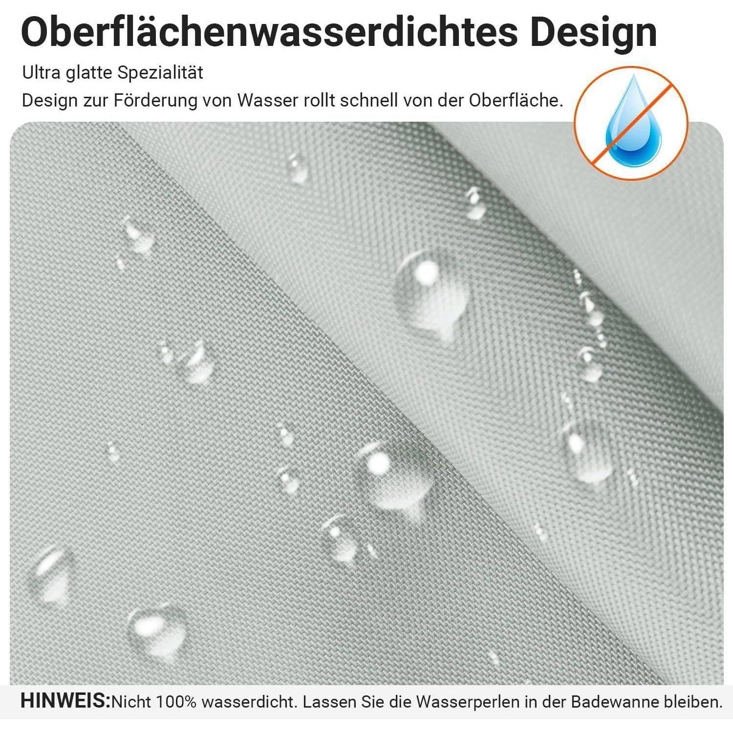 Produkt präsentiert ein feuchtigkeitsresistentes Design, mit Wassertropfen auf grauem Stoff. Text hebt die wasserabweisenden Eigenschaften hervor.