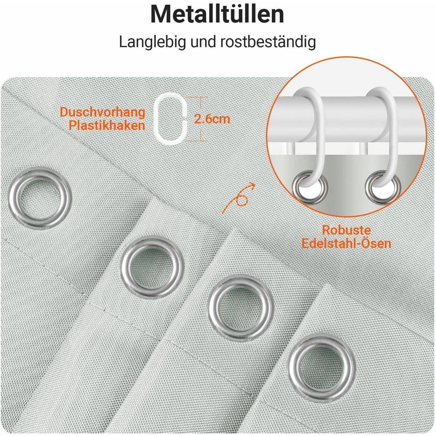 Duschvorhang mit rostfreien Edelstahlösen und Kunststoffhaken, 2,6 cm Abstand, langlebig und rostbeständig.