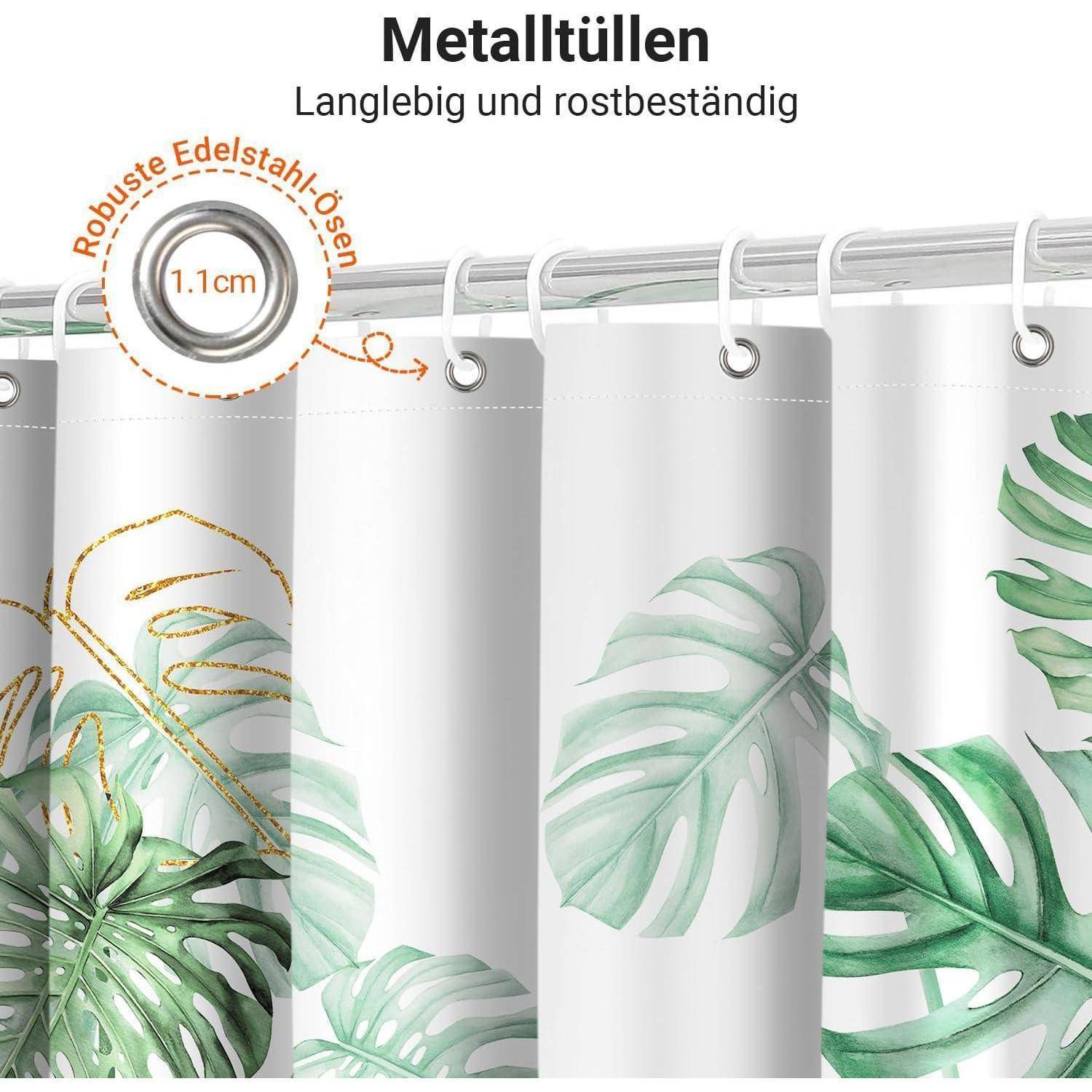 Ein Duschvorhang mit Metallösen ist zu sehen, der ein naturinspiriertes Design mit großen grünen Blättern aufweist. Hauptmerkmale: robust, rostbeständig, 1,1 cm Ösenduchmesser.