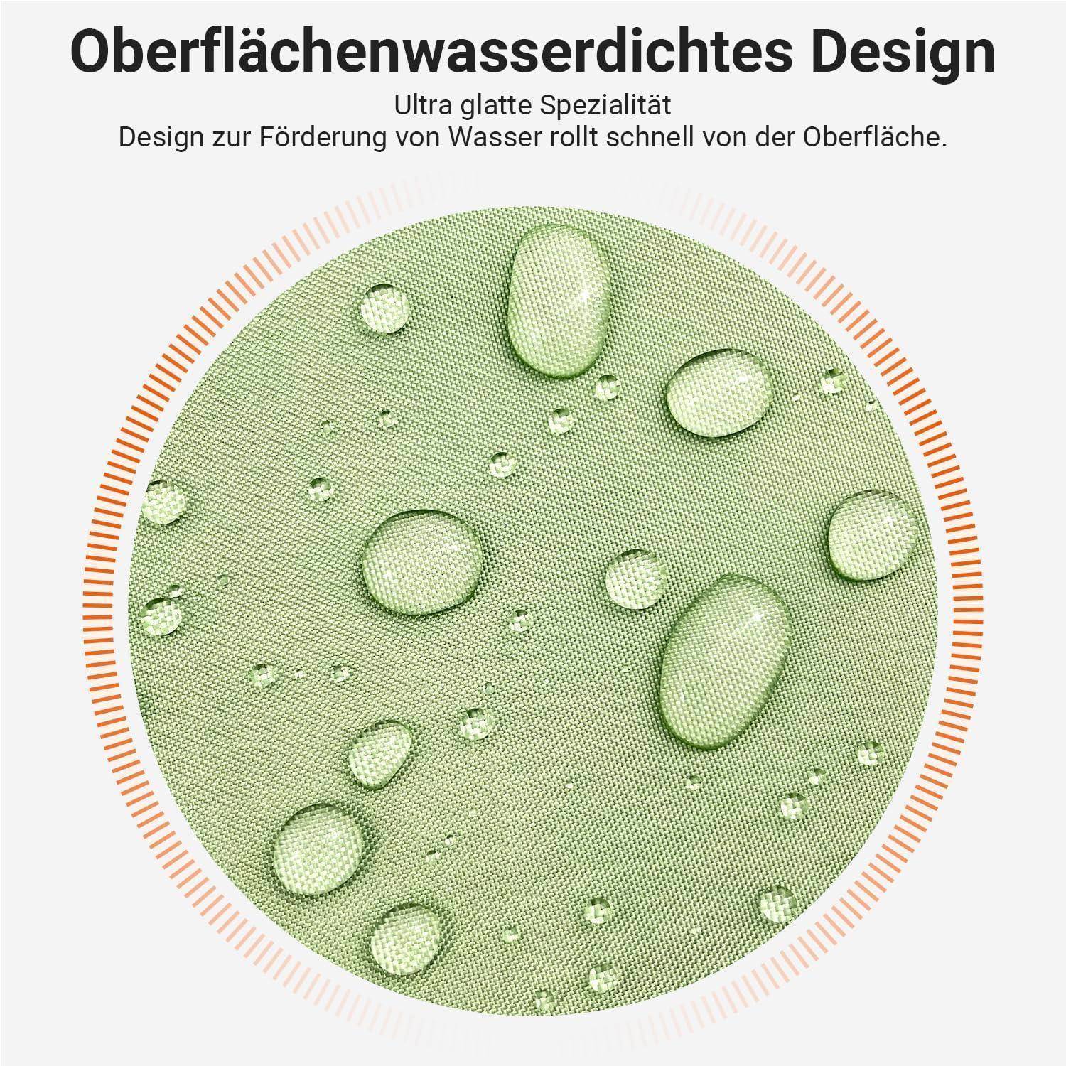 Das Bild zeigt Wassertropfen auf einer grünen Stoffoberfläche mit dem Text 'Oberflächenwasserdichtes Design', der ein wasserdichtes Design anzeigt.