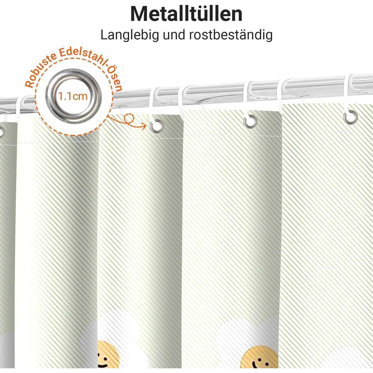 Duschvorhang mit Metallösendetail, das einen Durchmesser von 1,1 cm zeigt, beworben als langlebig und rostbeständig.