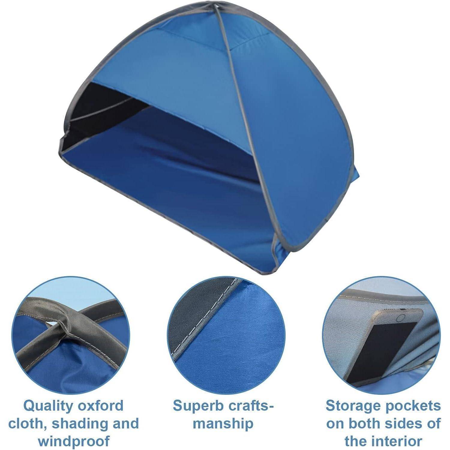 Blaue Sonnenschutz-Unterkunft mit halboffener Gestaltung. Merkmale mit drei Details: „Hochwertiger Oxford-Stoff, beschattend und windabweisend