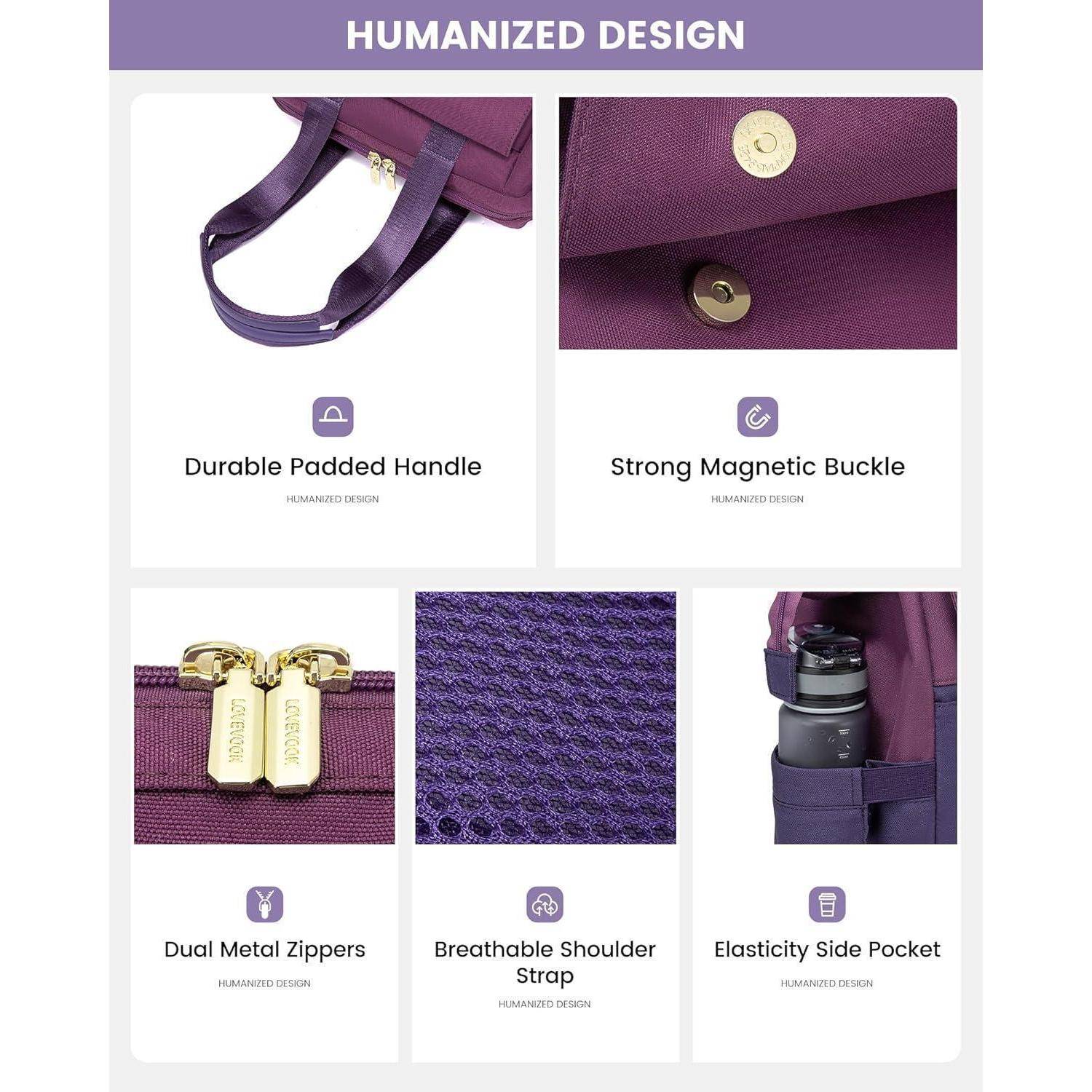 Humanized Design' Merkmale: Robuster gepolsterter Griff, starke magnetische Schnalle, doppelte Metallreißverschlüsse, atmungsaktiver Schultergurt, elastische Seitentasche.