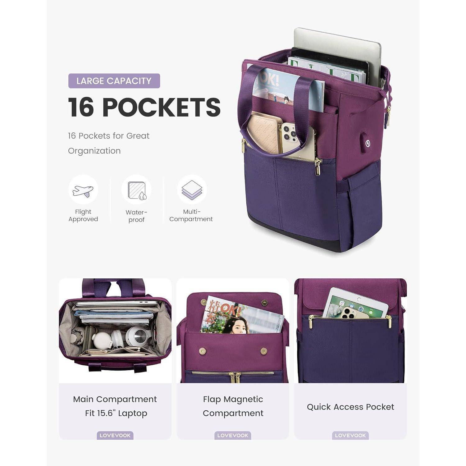 Lila Tasche mit der Beschriftung '16 Taschen, großes Fassungsvermögen' präsentiert. Bietet Platz für ein Laptop bis 15,6 Zoll und verfügt über Fächer zur Organisation.