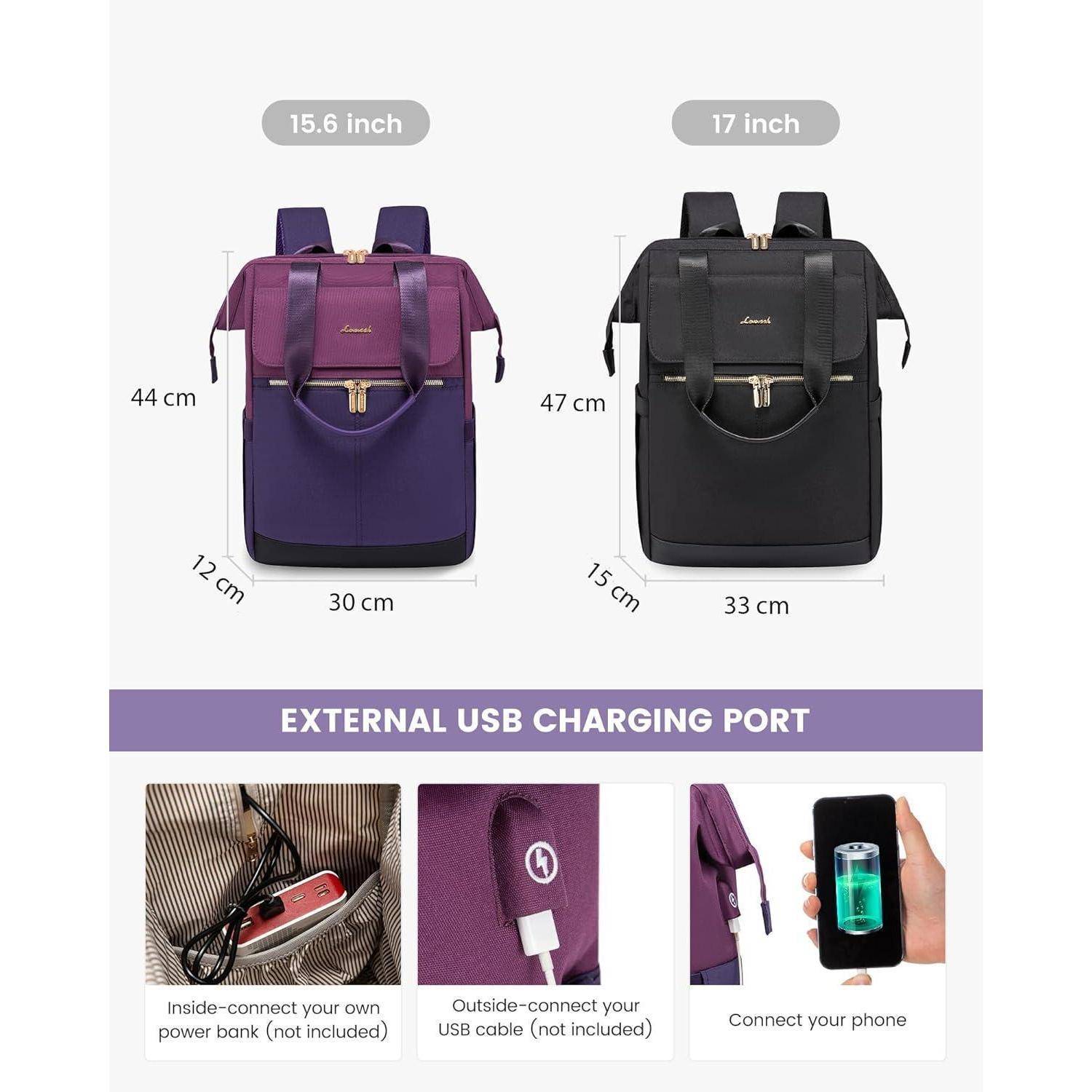 Zwei Rucksäcke, lila (15,6 Zoll) und schwarz (17 Zoll), mit angezeigten Abmessungen und externem USB-Ladeanschluss.