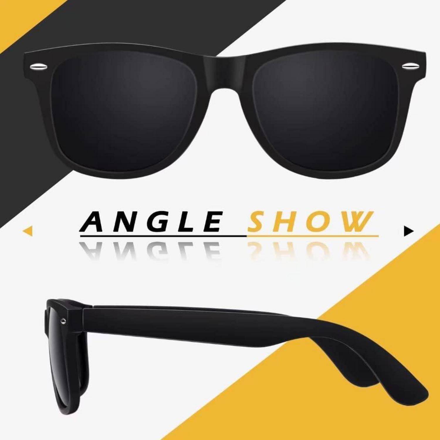 Sonnenbrille mit schwarzen Rahmen wird gezeigt mit dem Text 