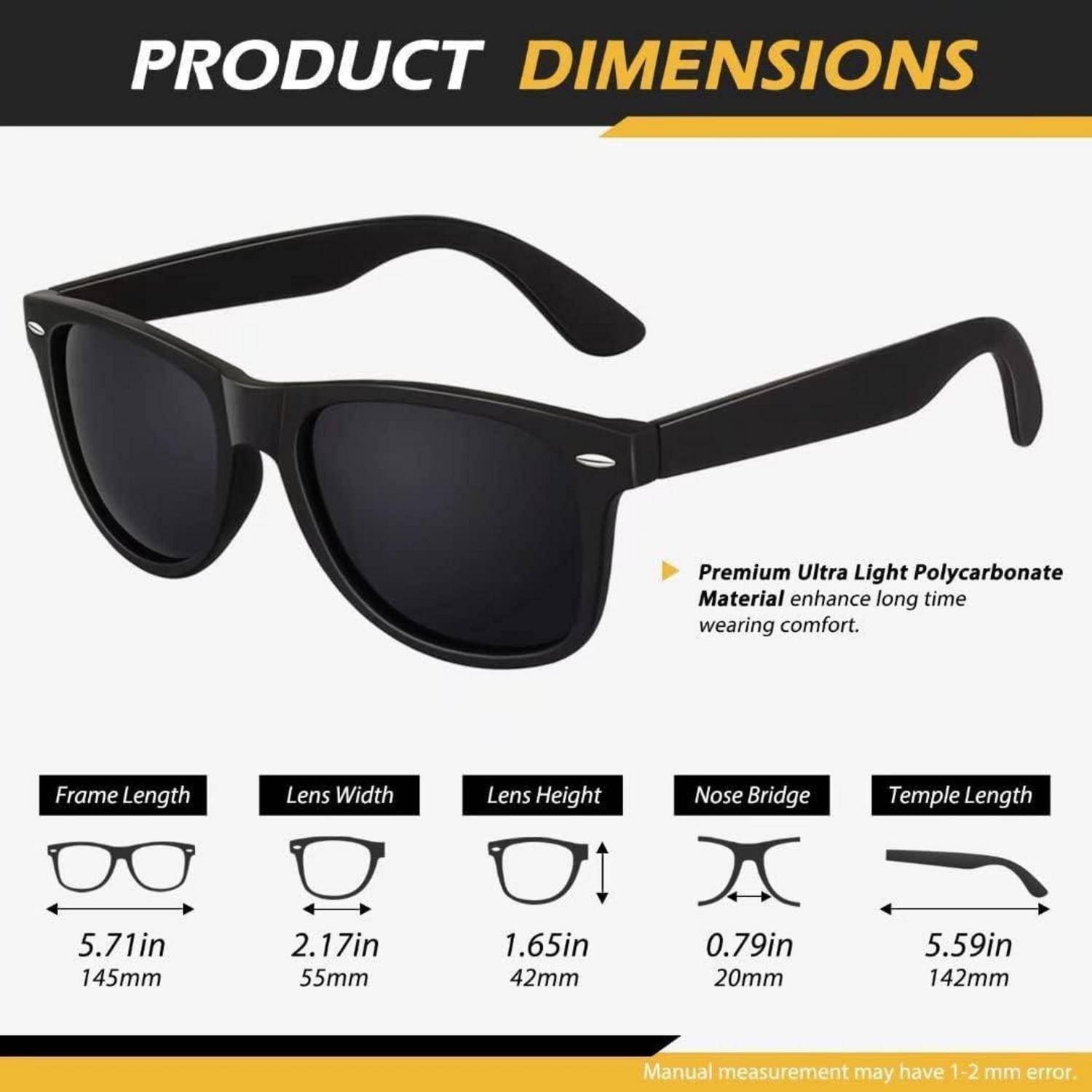 Sonnenbrille mit Maßen: Rahmenlänge 5,71 Zoll, Linsenbereite 2,17 Zoll, Linsenhöhe 1,65 Zoll, Nasensteg 0,79 Zoll, Bügellänge 5,59 Zoll.
