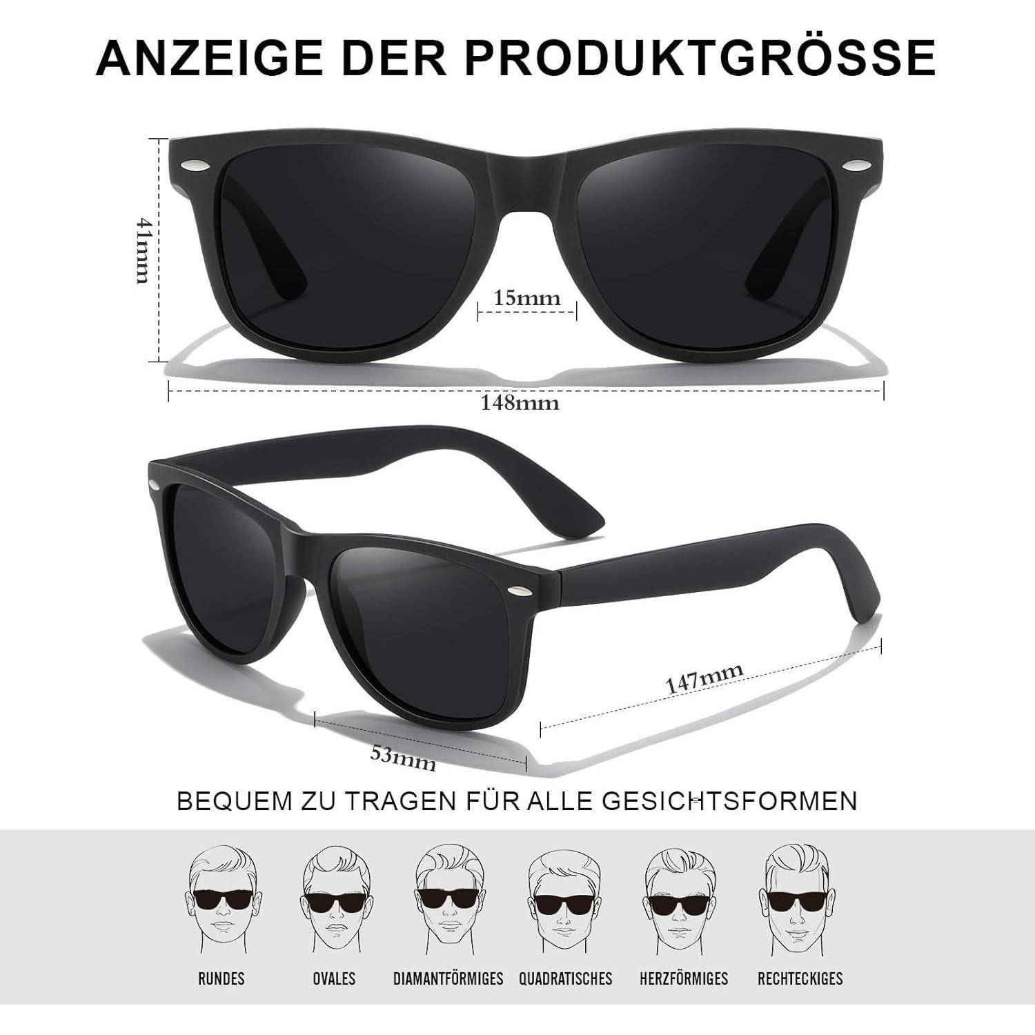 Sonnenbrille Produktbild mit Maßen: 148 mm Rahmenbreite, 15 mm Stegbreite, 53 mm Linsenhöhe. Geeignet für alle Gesichtsformen.