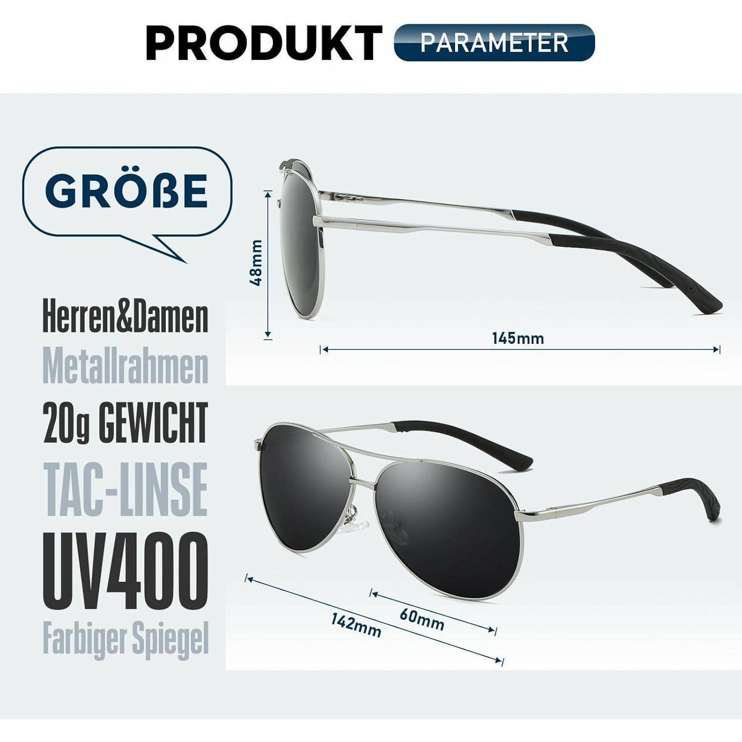 Sonnenbrille Produktbild mit Größen: Linse 48mm, Rahmen 145mm und Steg 20g. Gekennzeichnet als 'TAC-Linse' und 'UV400 Farbiger Spiegel'.