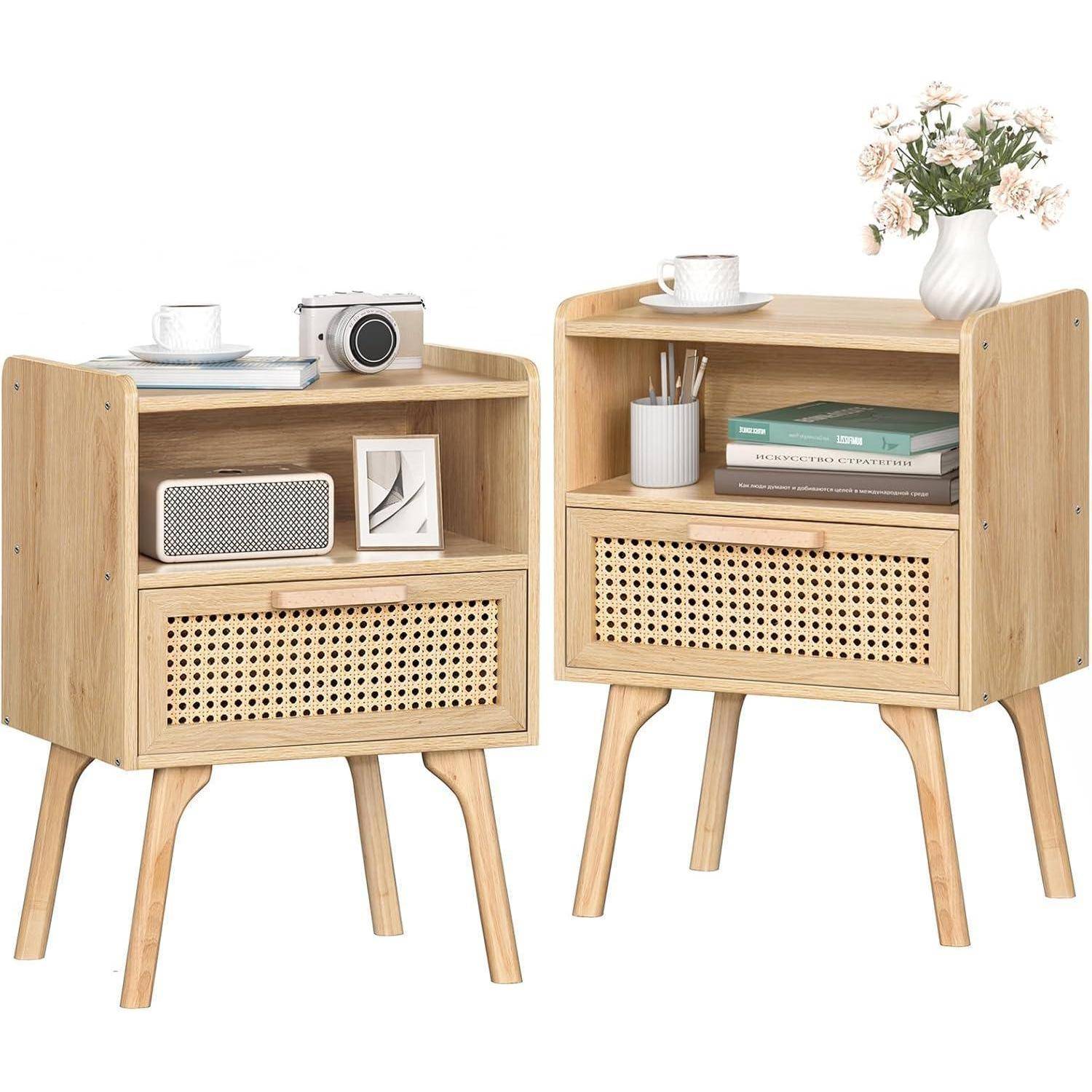 Nachttisch 2er Set Rattan Boho Schublade Regal Massivholz 2 Set Wood