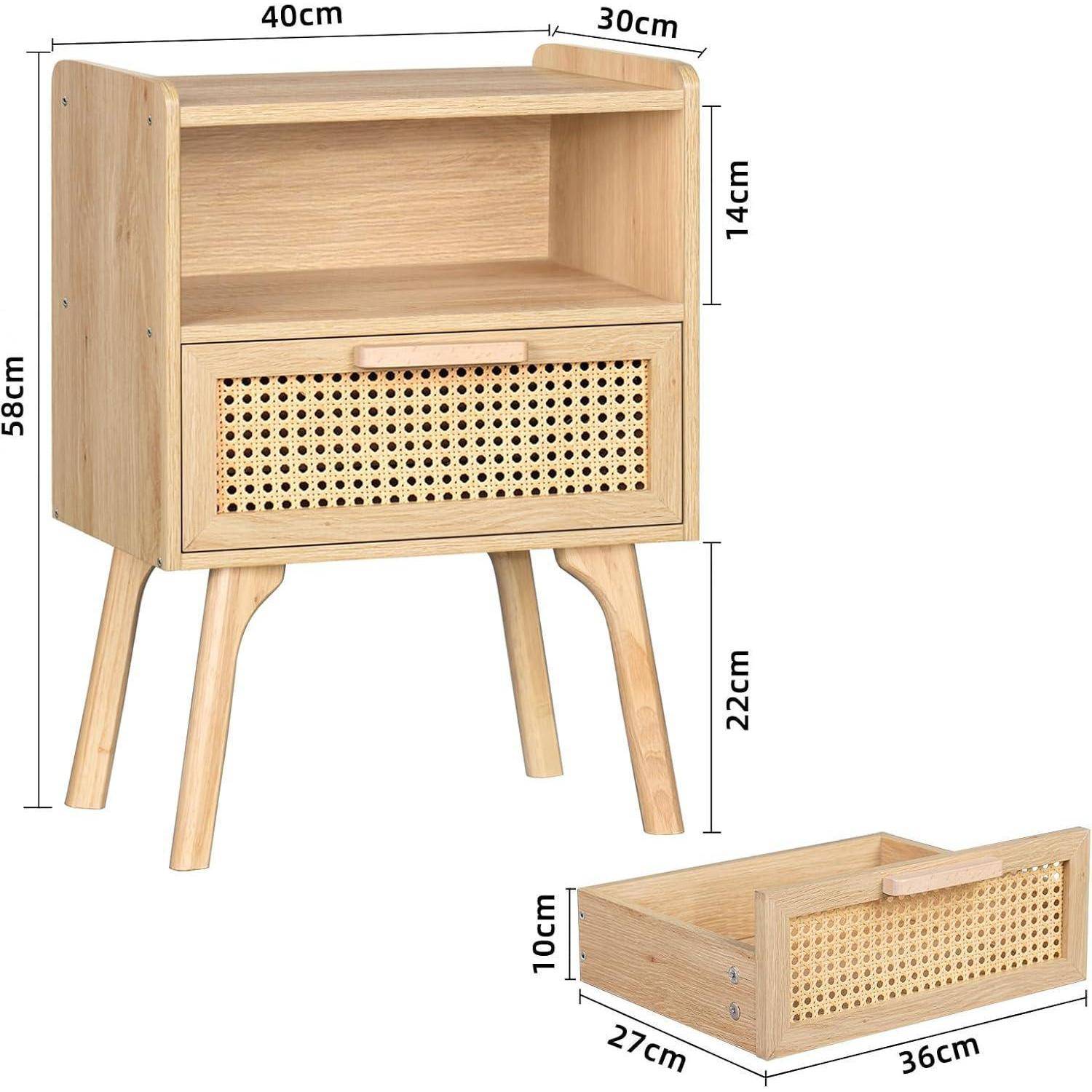 Nachttisch 2er Set Rattan Boho Schublade Regal Massivholz 2 Set Wood