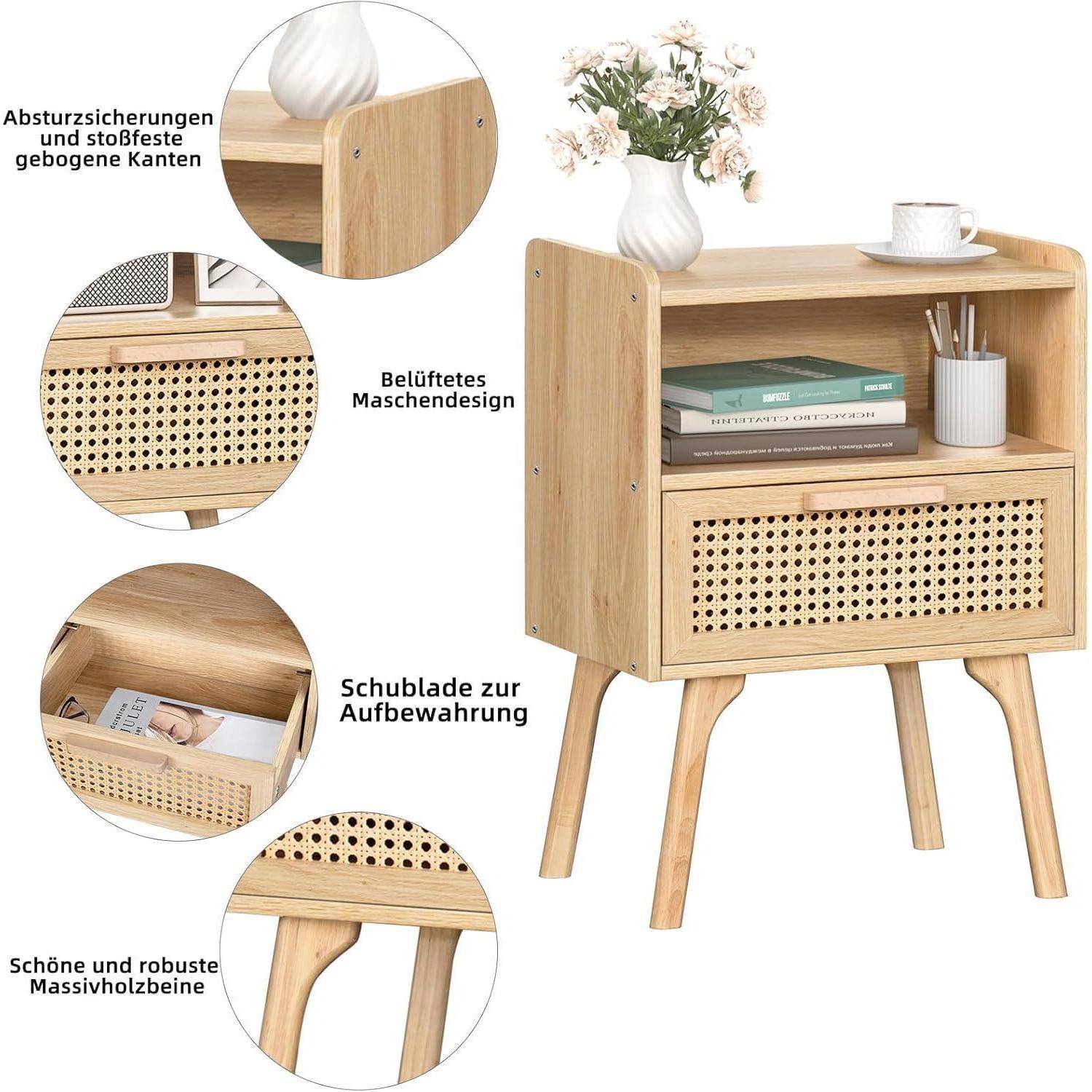 Nachttisch 2er Set Rattan Boho Schublade Regal Massivholz 2 Set Wood