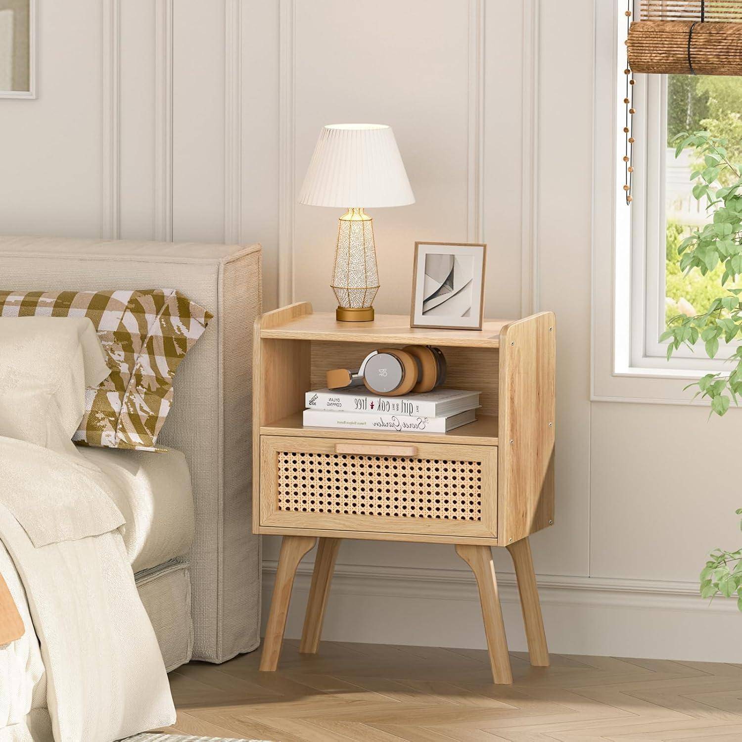 Nachttisch 2er Set Rattan Boho Schublade Regal Massivholz 2 Set Wood