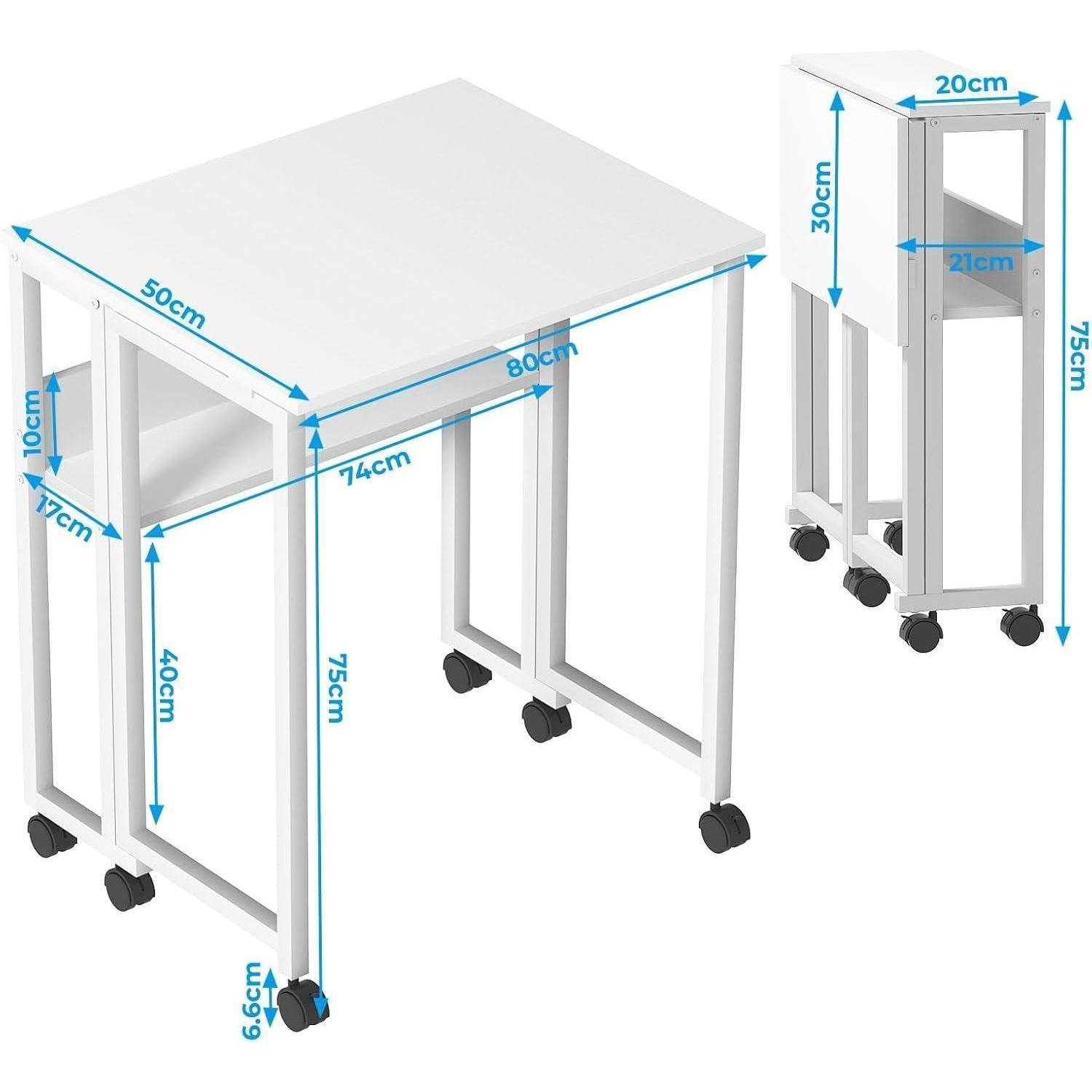 Schreibtisch Klappbar Kleiner Rollen Stauraum Homeoffice 80x50cm Weiß