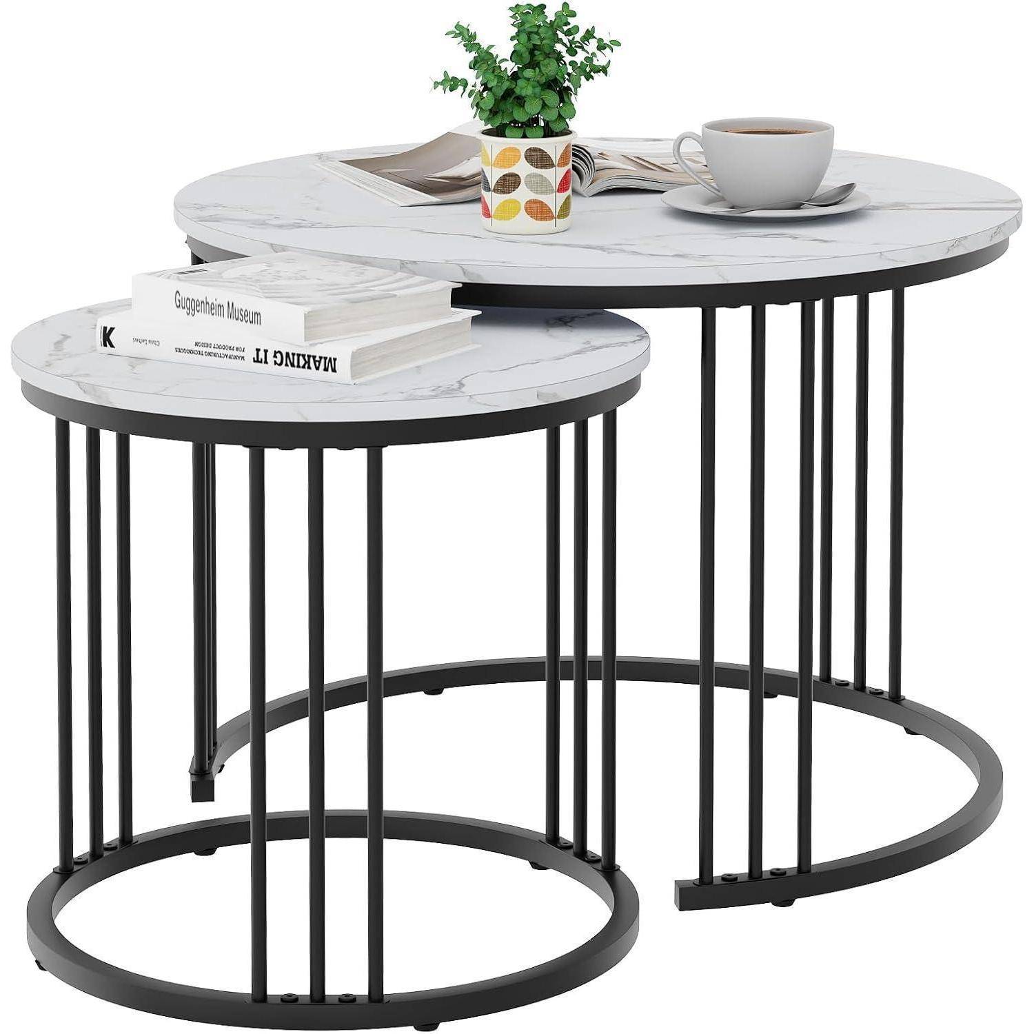 Couchtisch Rund 2er Set Metallrahmen 23.6 15.7 IN Schwarz Einlagig