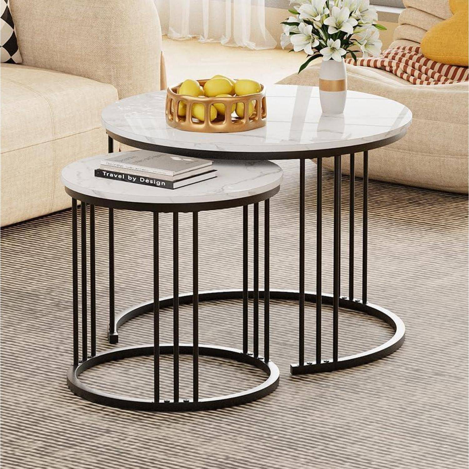Couchtisch Rund 2er Set Metallrahmen 23.6 15.7 IN Schwarz Einlagig