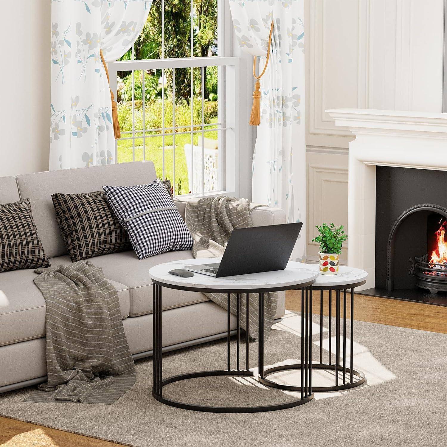 Couchtisch Rund 2er Set Metallrahmen 23.6 15.7 IN Schwarz Einlagig