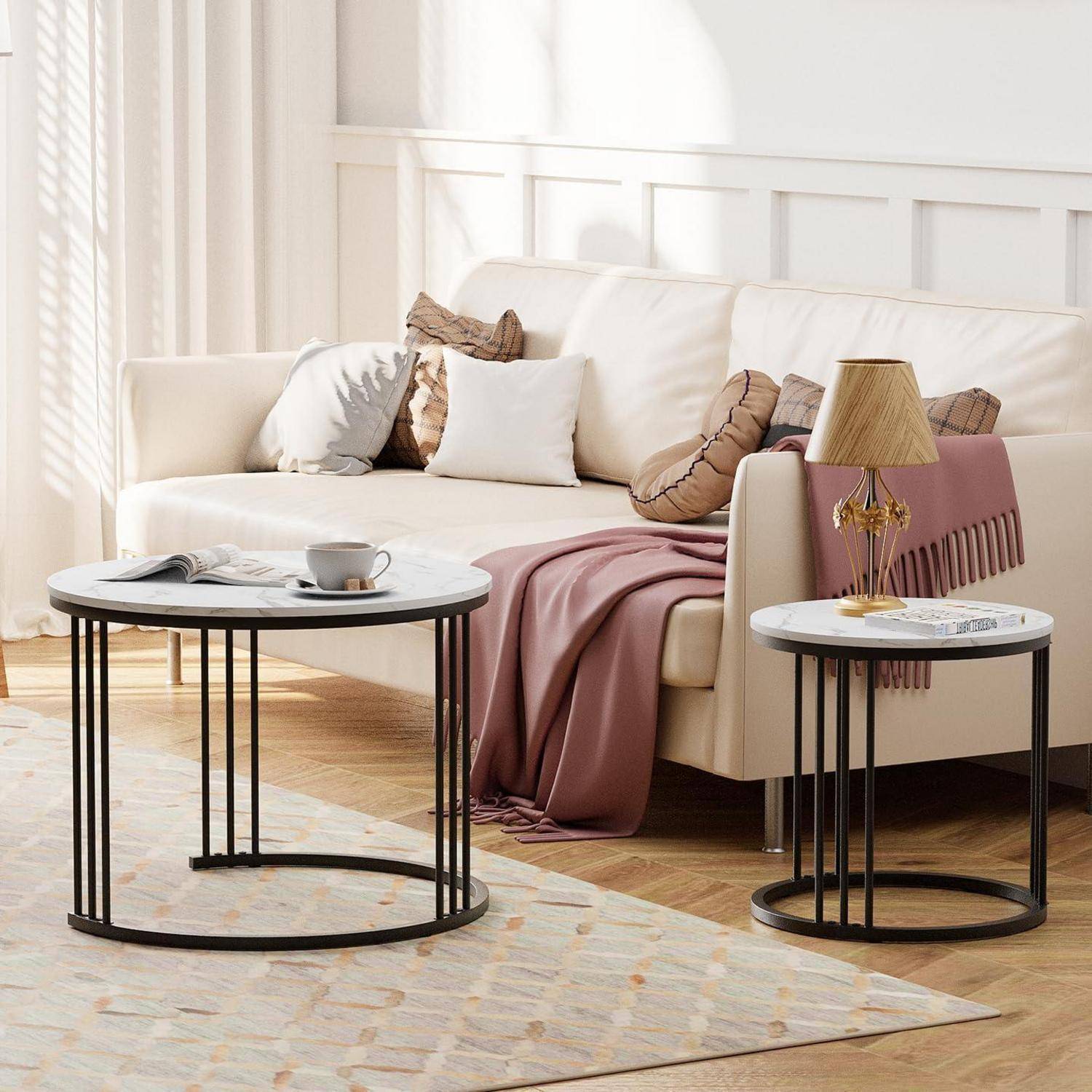 Couchtisch Rund 2er Set Metallrahmen 23.6 15.7 IN Schwarz Einlagig