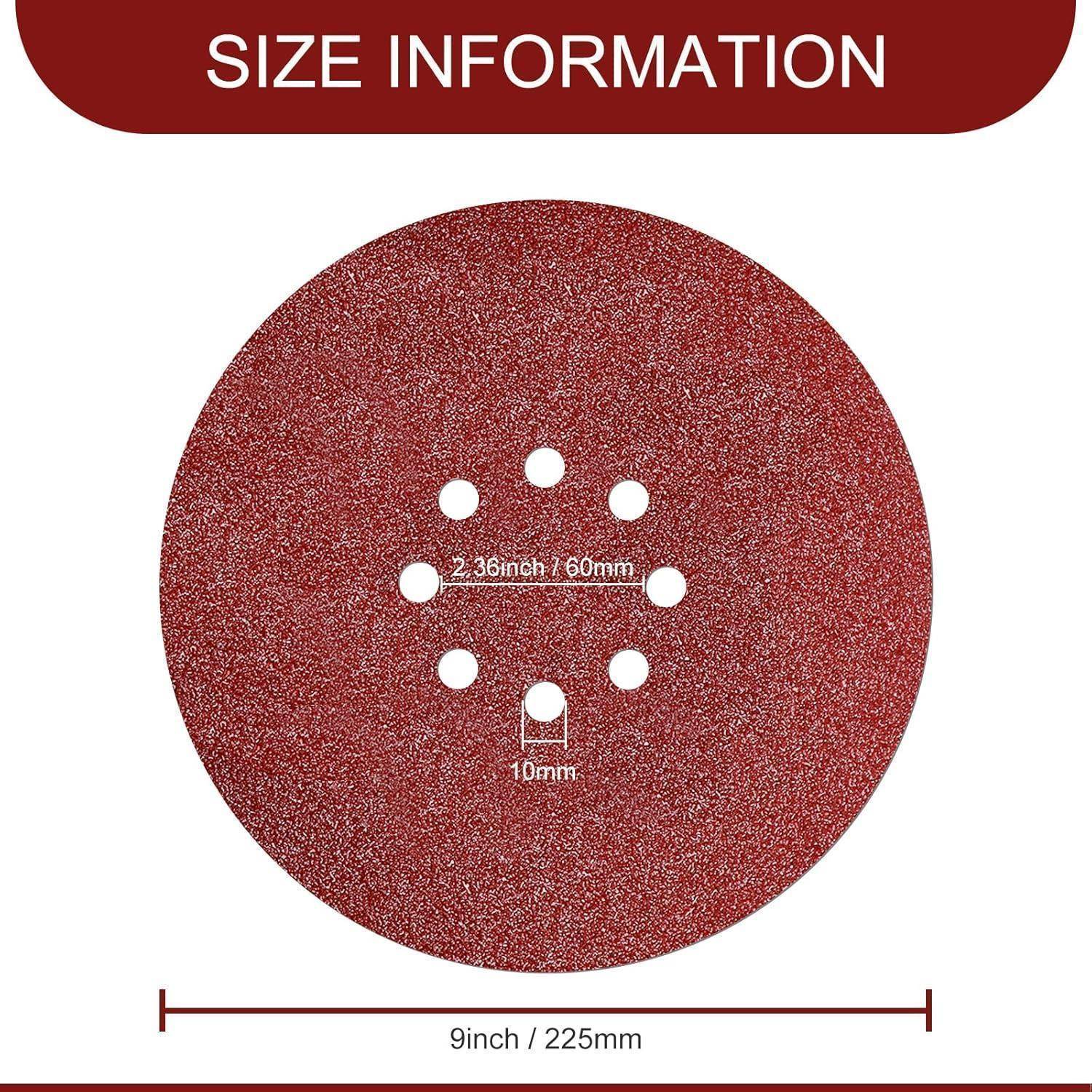 Größeninformationen: Das Bild zeigt ein 9 Zoll (225 mm) rundes Schleifpapier mit sechs Löchern. Mittleres Loch: 2,36 Zoll (60 mm); kleines Loch: 10 mm.