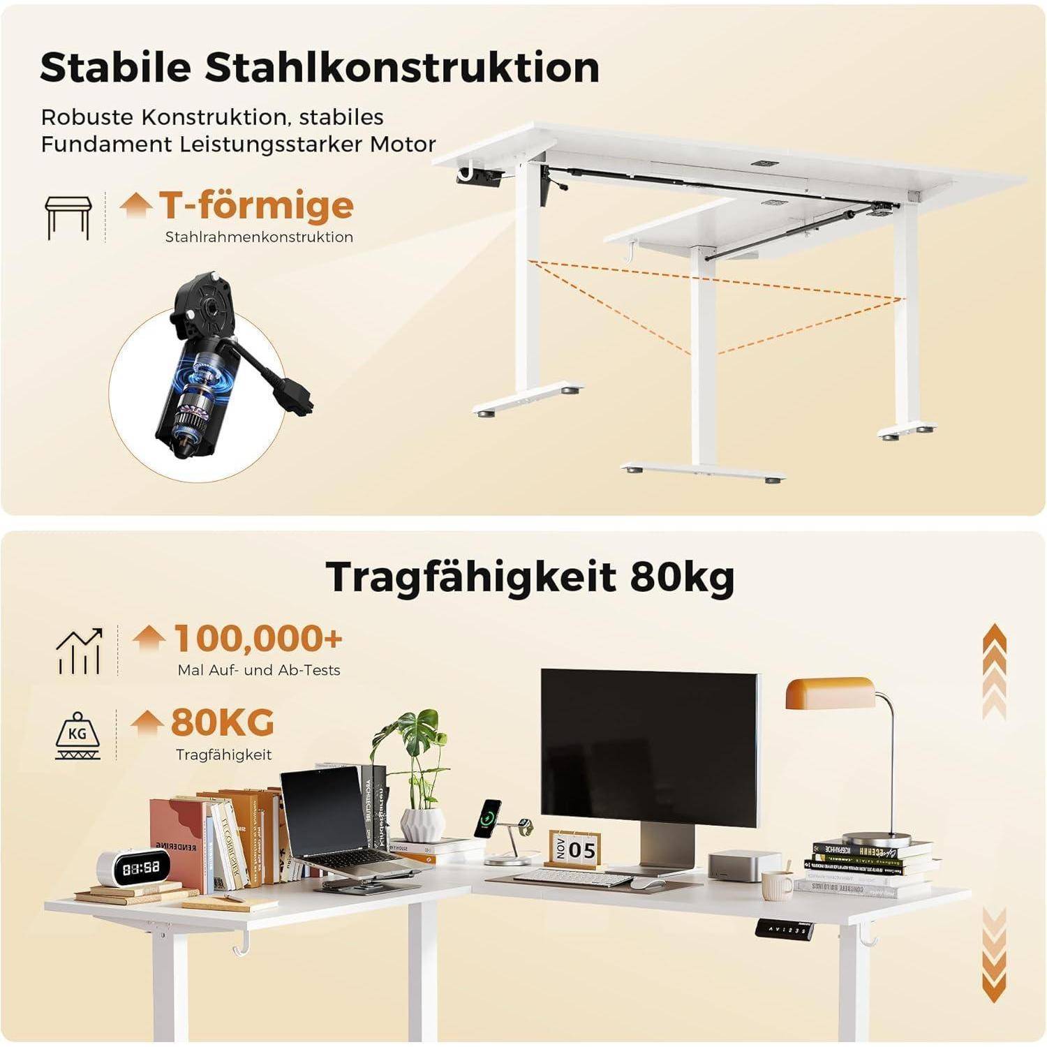 L-förmiger Schreibtisch 160x140 cm höhenverstellbar elektrisch