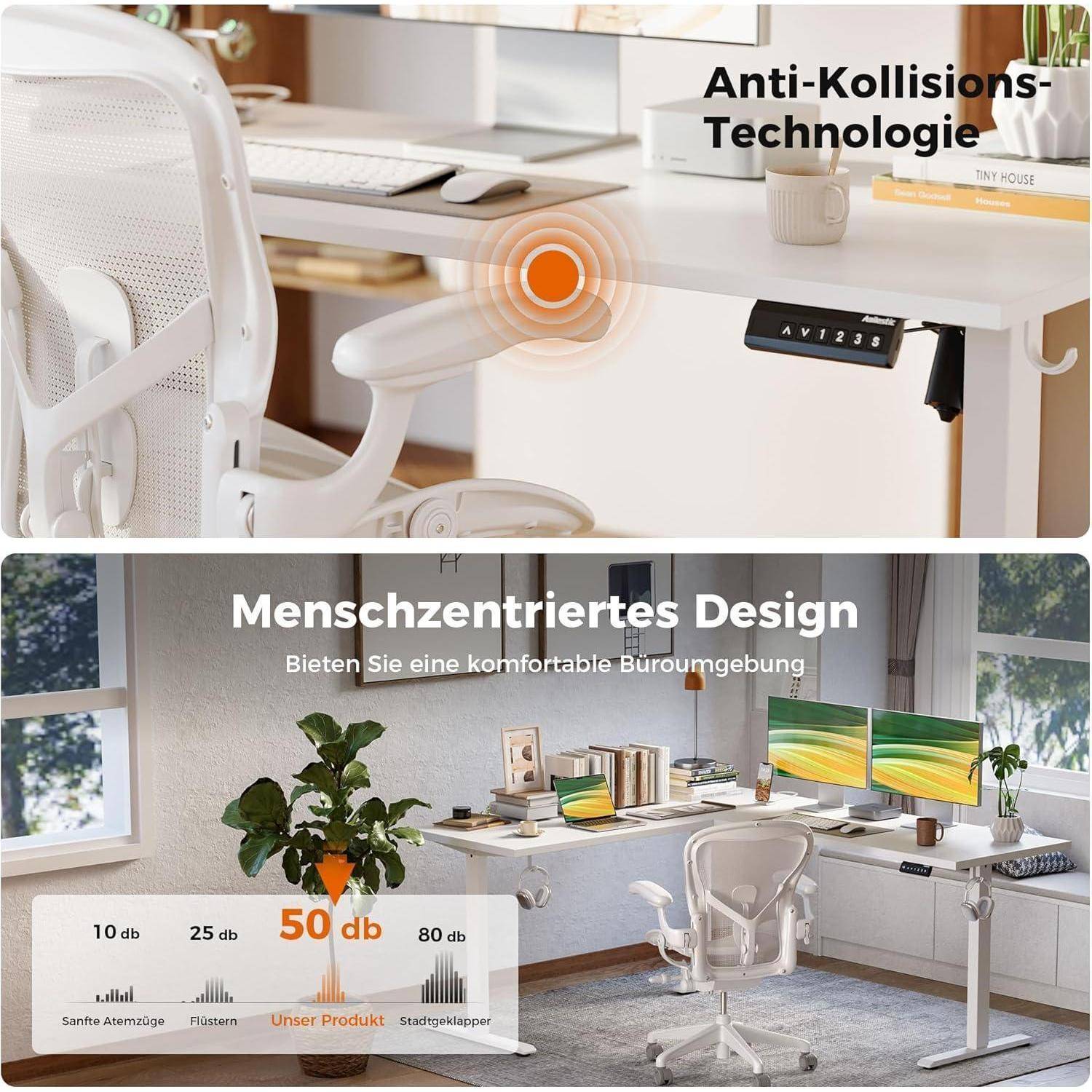 Anti-Kollisions-Technologie'-Panel unter einem Schreibtisch. Darunter ein Home-Office mit Pflanzen, ergonomischem Stuhl, Dual-Monitoren und Lärmpegeldiagramm, das 50 dB hervorhebt.