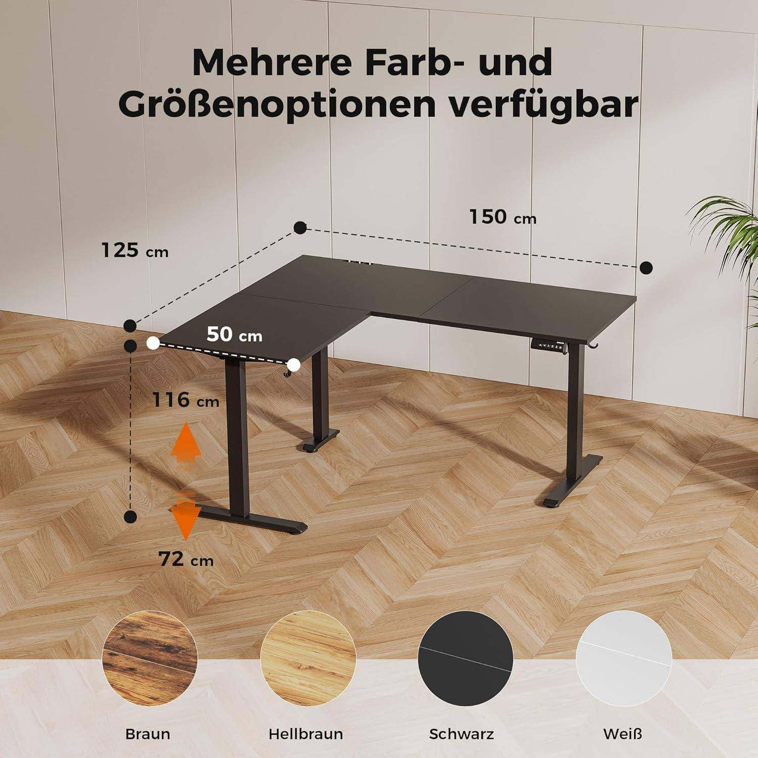 Schreibtisch L Form Höhenverstellbar Ecke Schwarz 150 x 125 cm