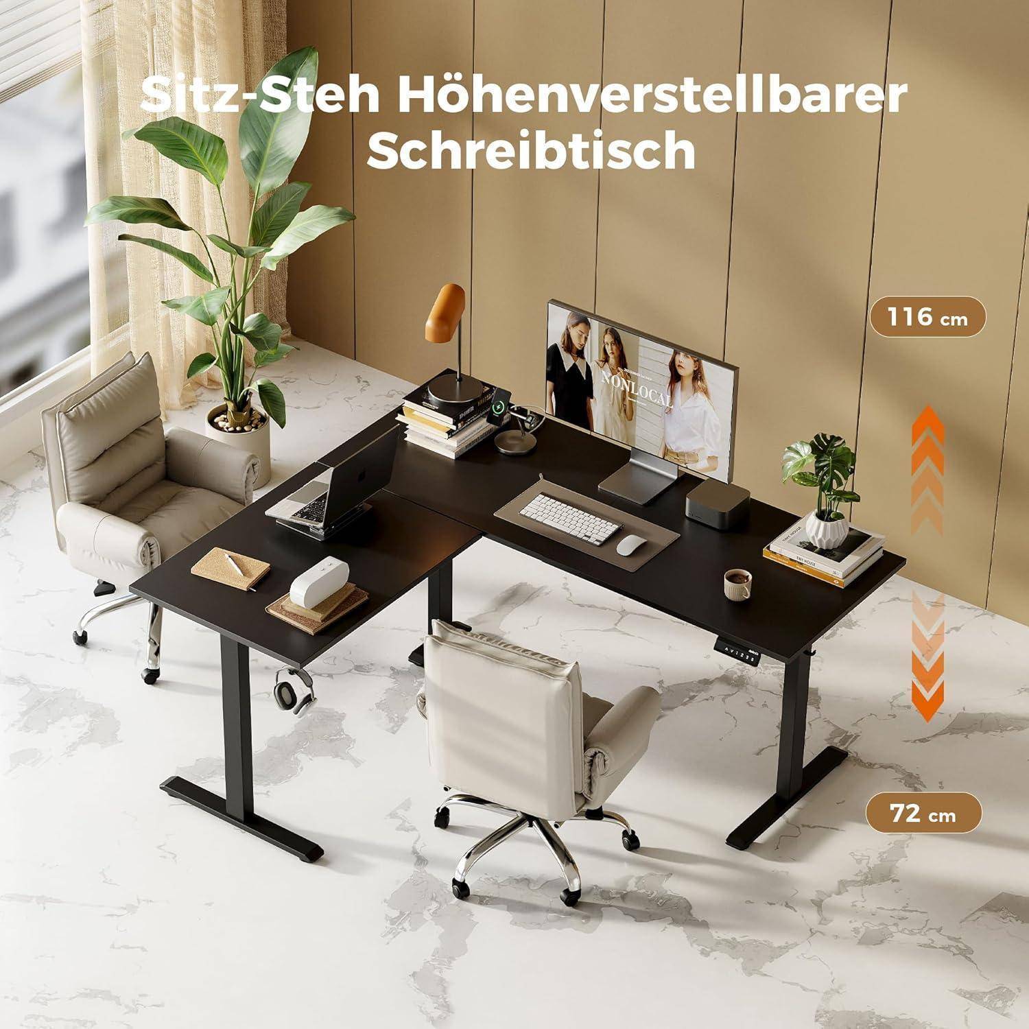 Schreibtisch L Form Höhenverstellbar Ecke Schwarz 150 x 125 cm