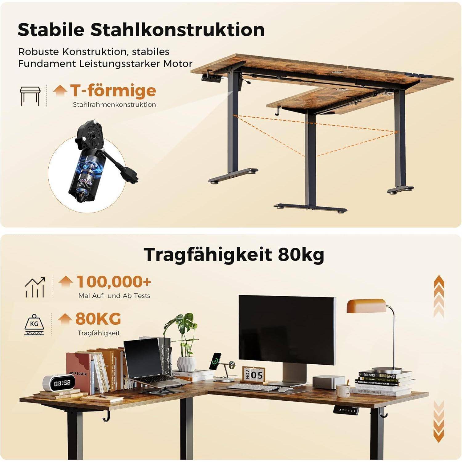 Höhenverstellbarer Schreibtisch mit T-förmigem Stahlrahmen, der bis zu 80 kg trägt; ausgestattet mit motorischer Höhenverstellung, dargestellt mit Büroeinrichtung.