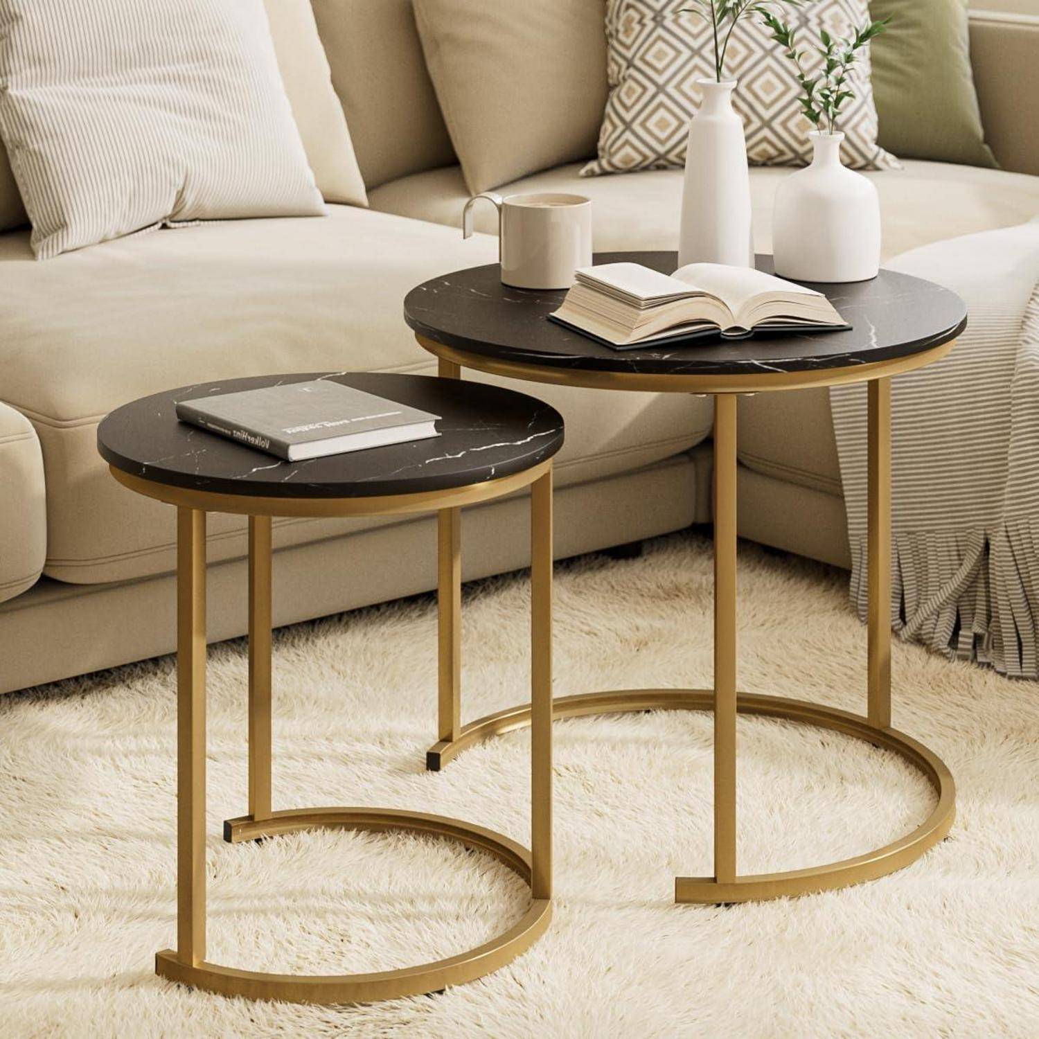 Couchtisch rund 2er Set Beistelltisch Metall Schwarz und Gold