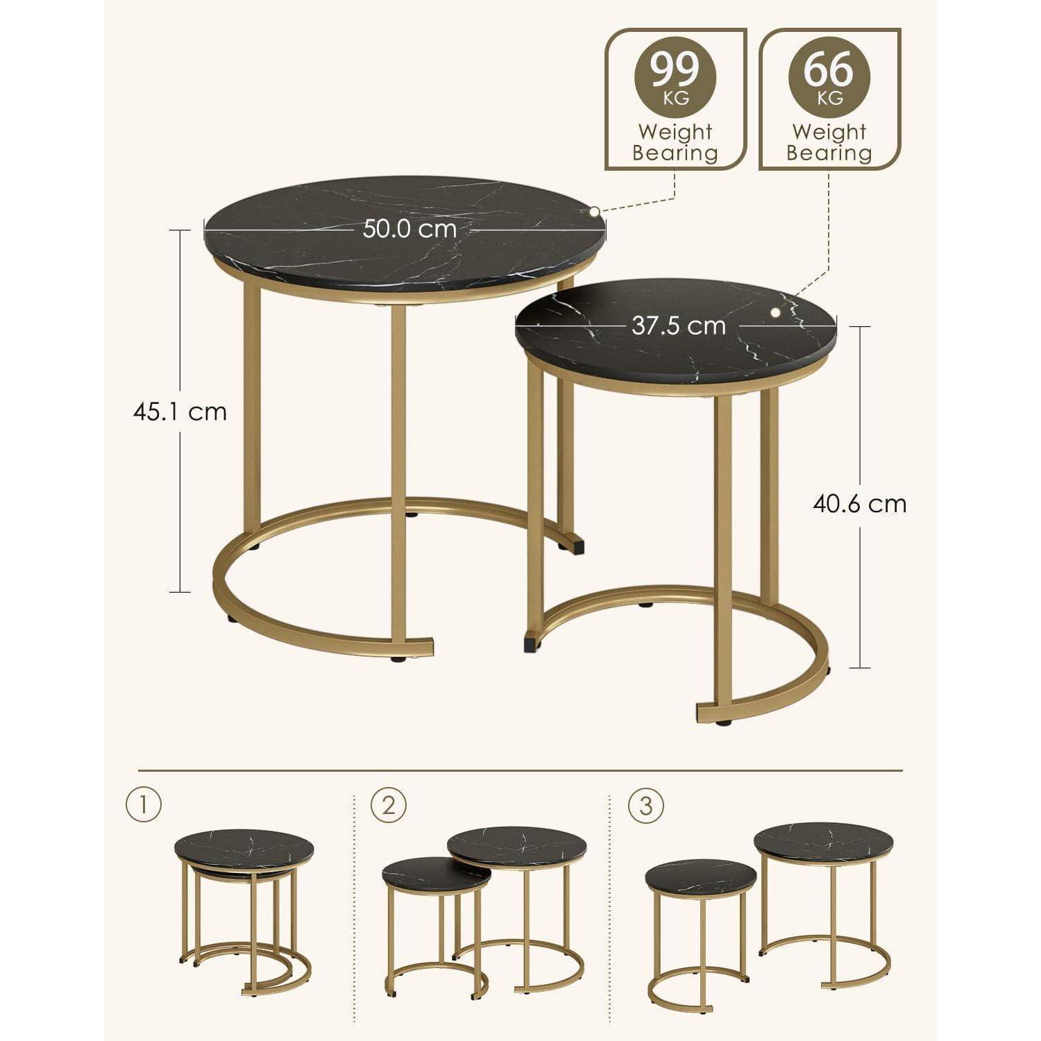 Couchtisch rund 2er Set Beistelltisch Metall Schwarz und Gold