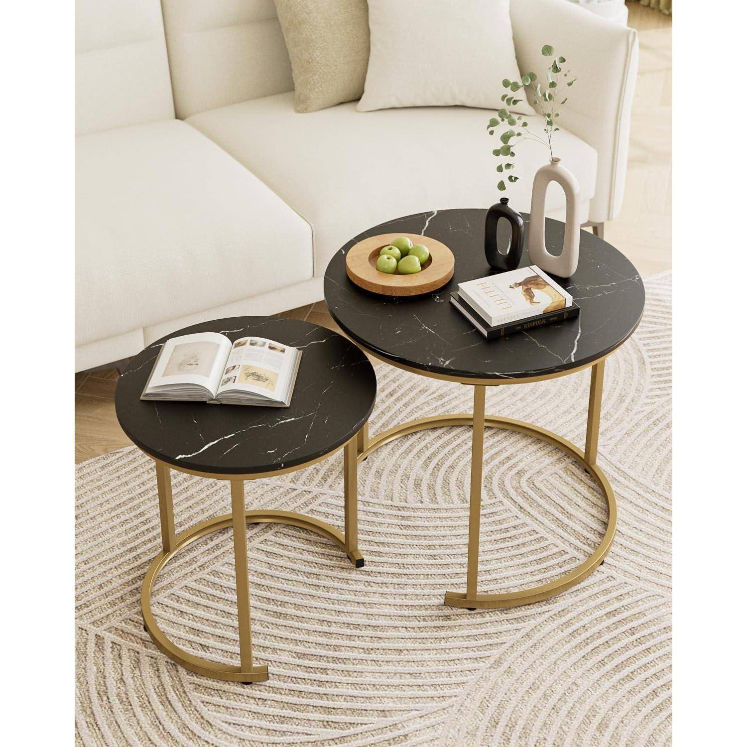 Couchtisch rund 2er Set Beistelltisch Metall Schwarz und Gold