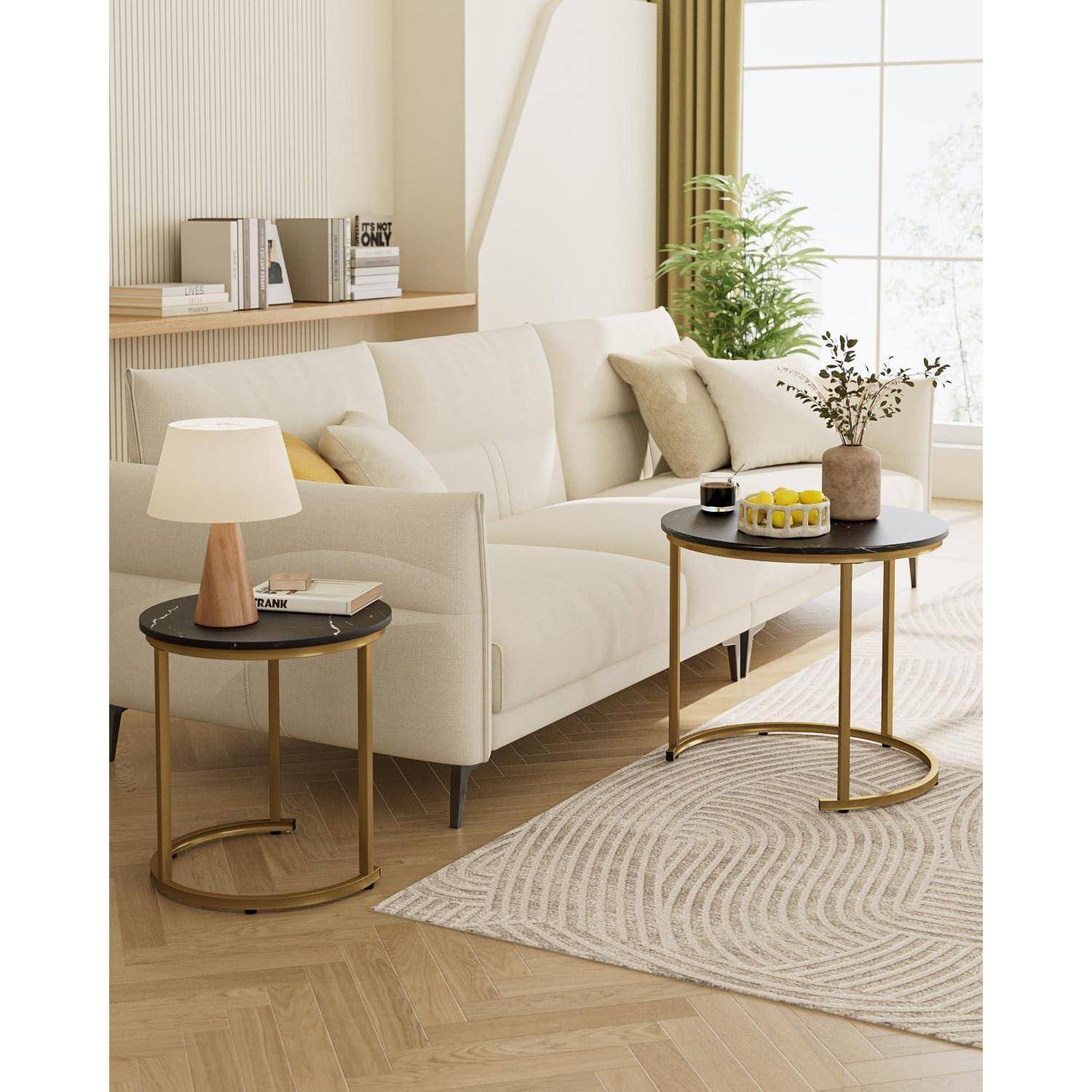 Couchtisch rund 2er Set Beistelltisch Metall Schwarz und Gold