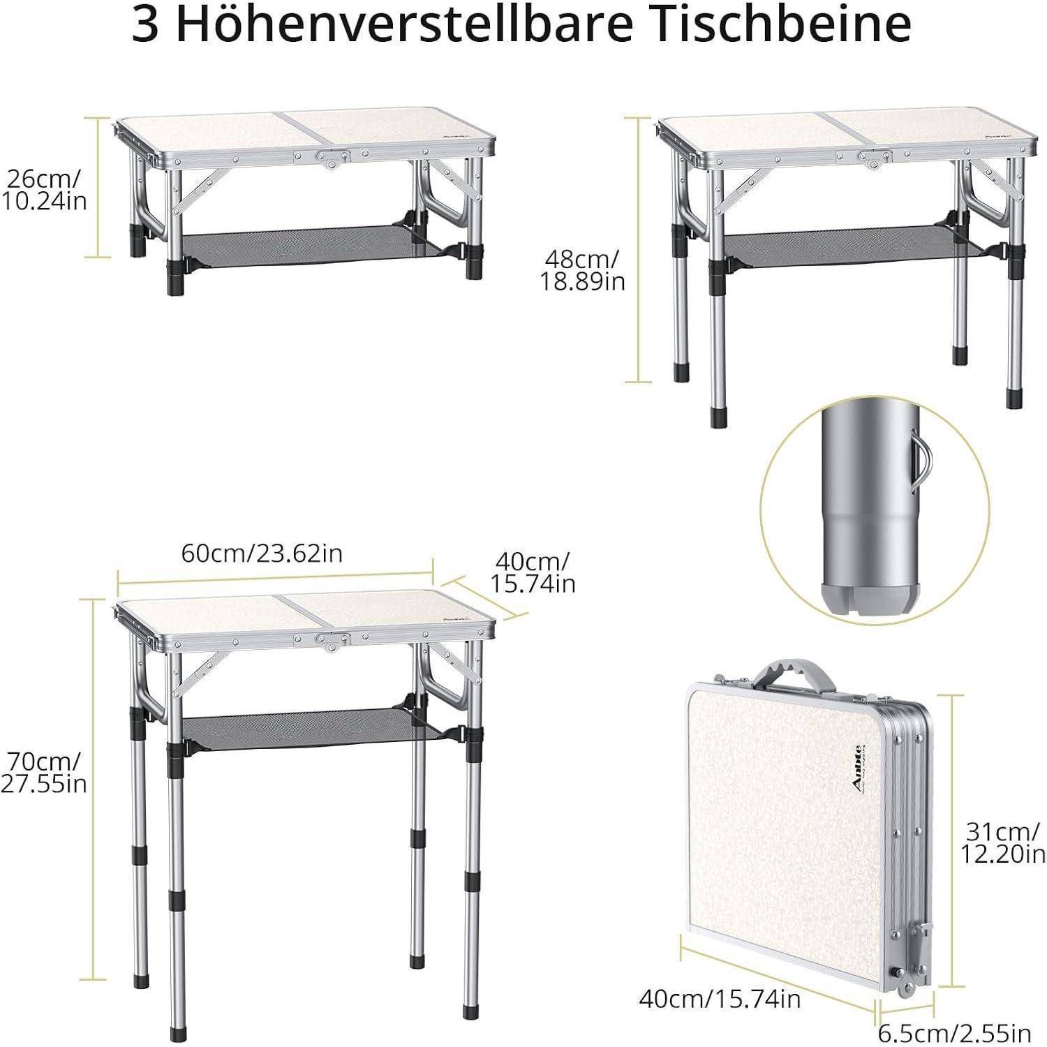 Campingtisch Klapptisch 60x40cm Aluminiumrahmen 3 Höhen Weiß
