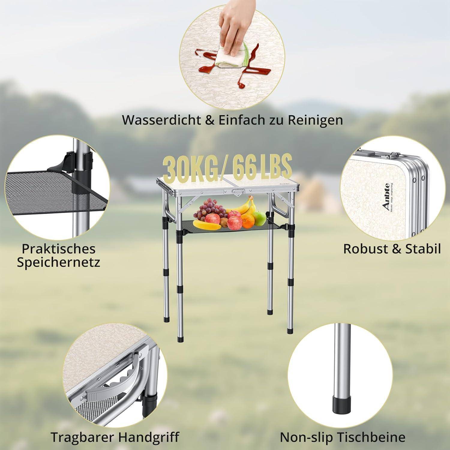Campingtisch Klapptisch 60x40cm Aluminiumrahmen 3 Höhen Weiß