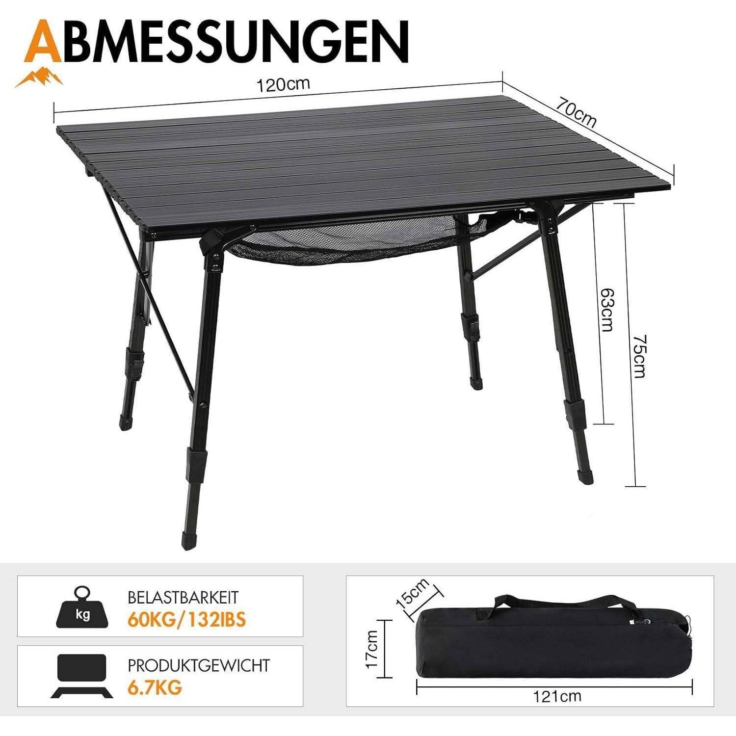 Campingtisch faltbar höhenverstellbar Aluminium Schwarz 120x70cm