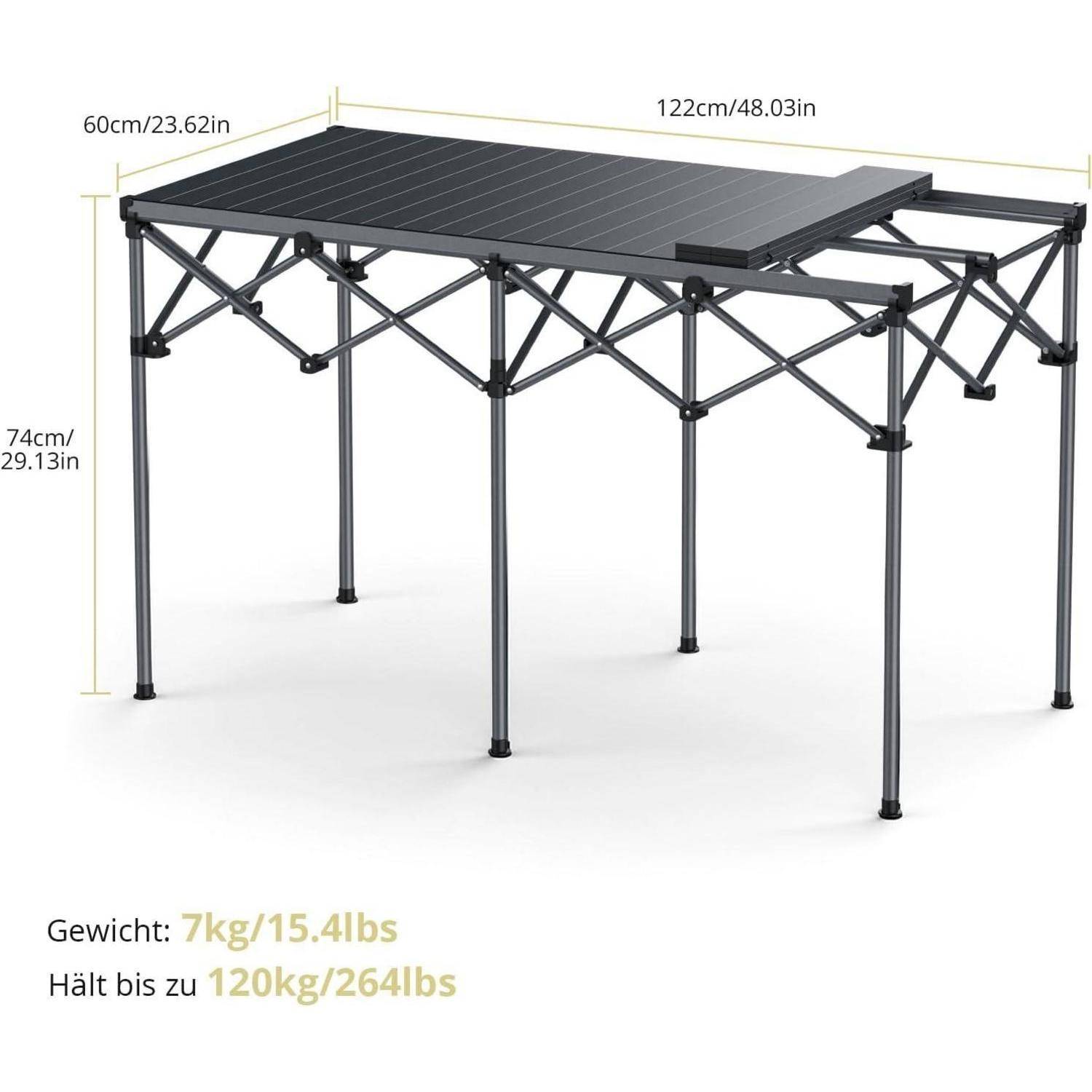 Campingtisch Klapptisch Alu Rolltisch 120kg Schwarz 122x60x74cm