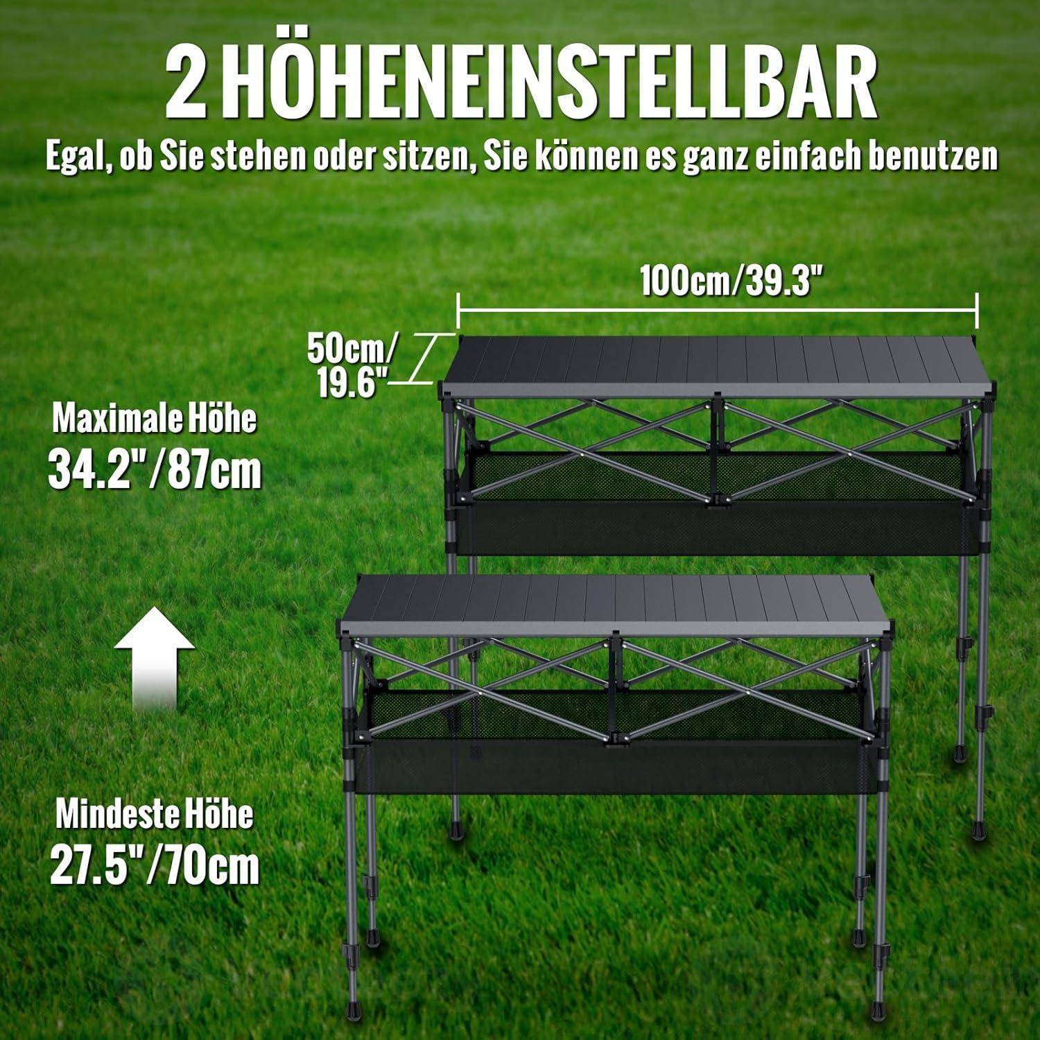 Campingtisch Klappbar 100x50cm Höhenverstellbar 100cm x 50cm x 70 87cm