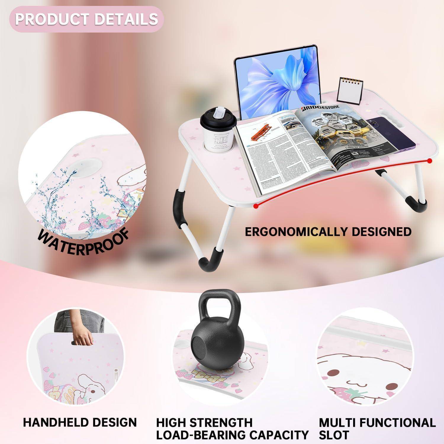 Laptop Tisch Tragbar Betttablett Klappbeine Rosa Erdbeere