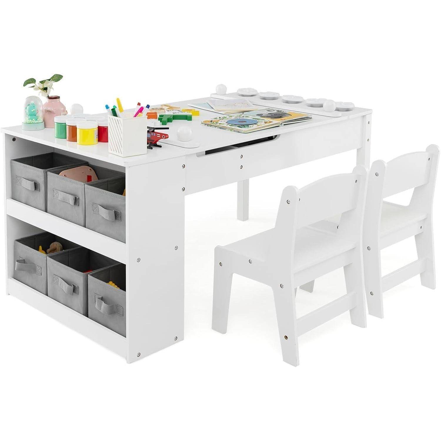 Kindertisch 3in1 Holz 2Stühle Maltisch kippbar Weiß mit 2 Ablagen