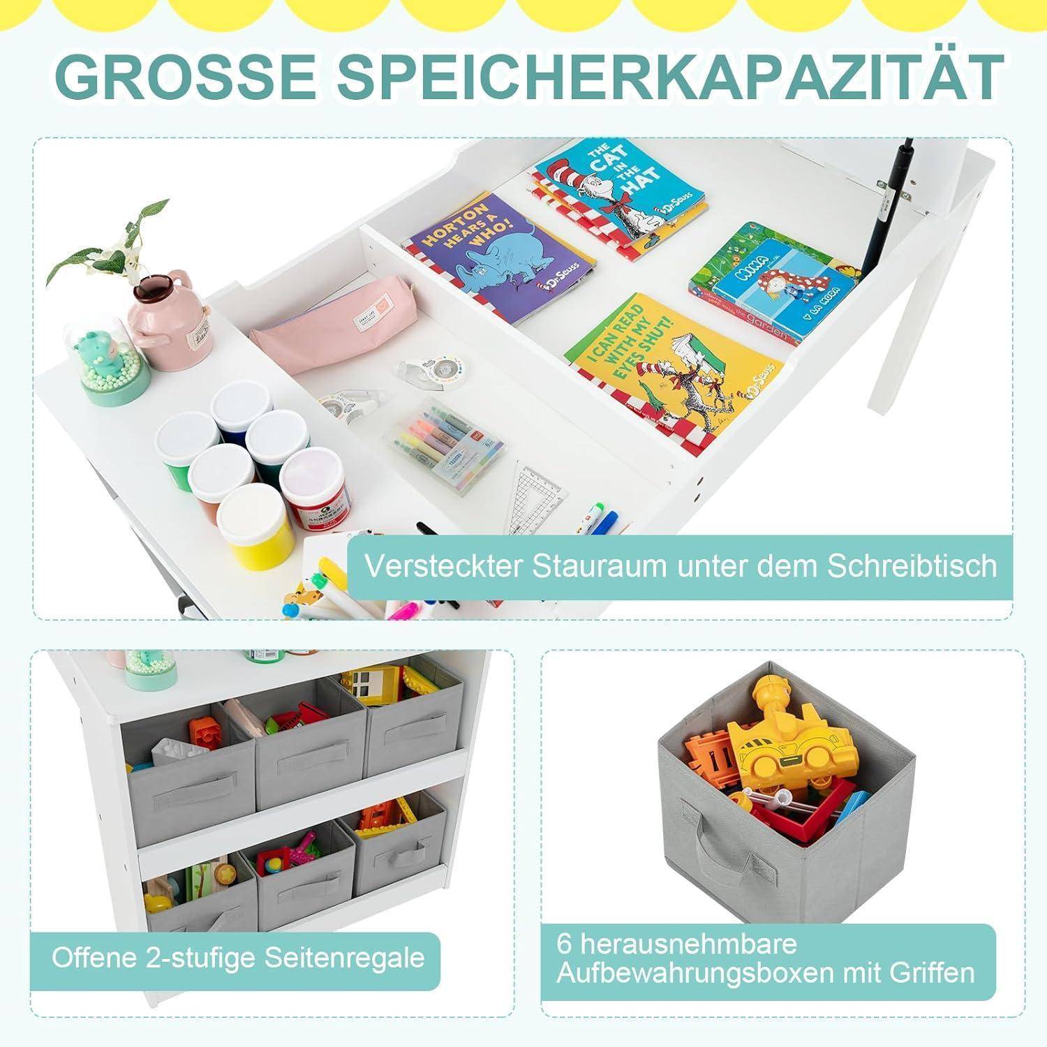 Kindertisch 3in1 Holz 2Stühle Maltisch kippbar Weiß mit 2 Ablagen