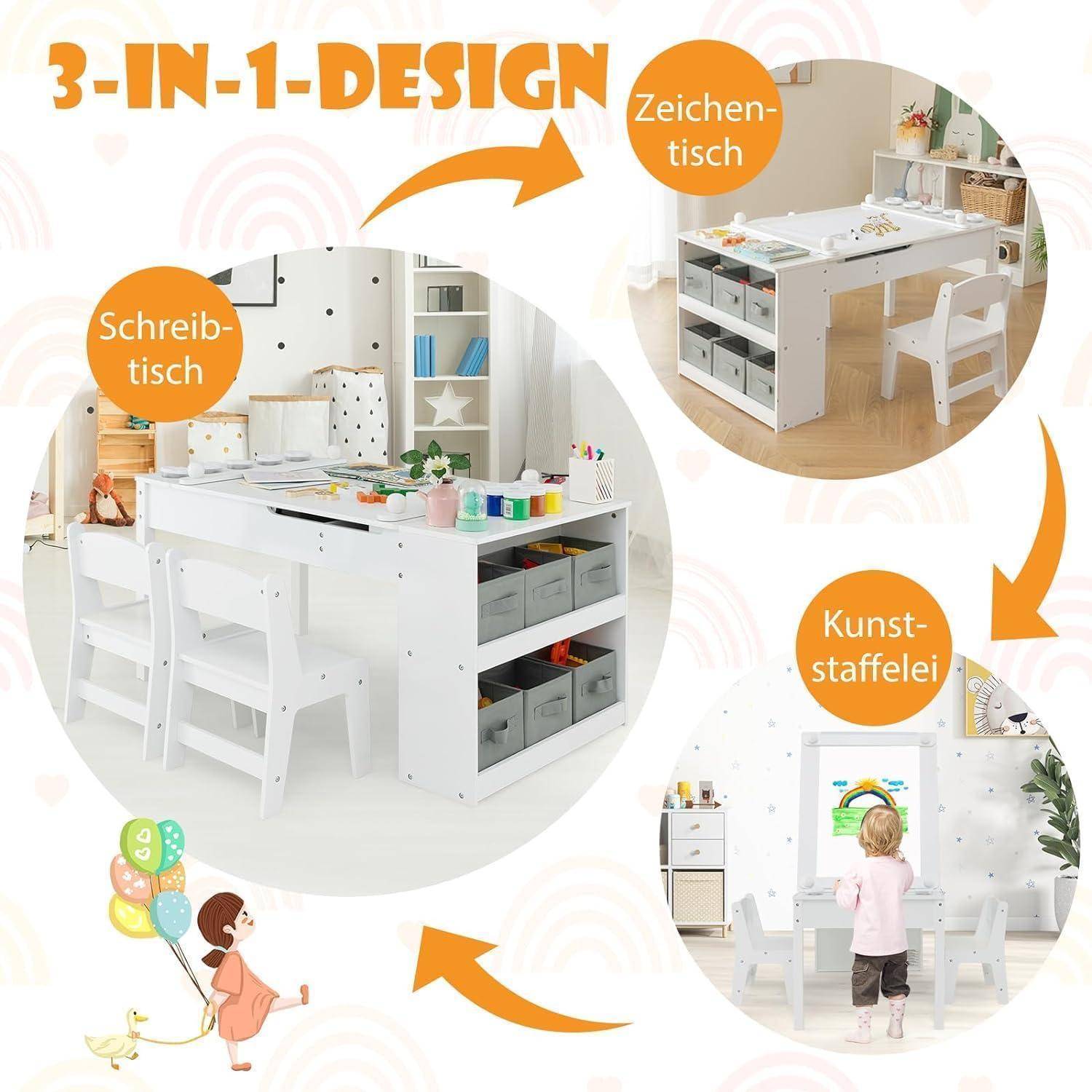 Kindertisch 3in1 Holz 2Stühle Maltisch kippbar Weiß mit 2 Ablagen
