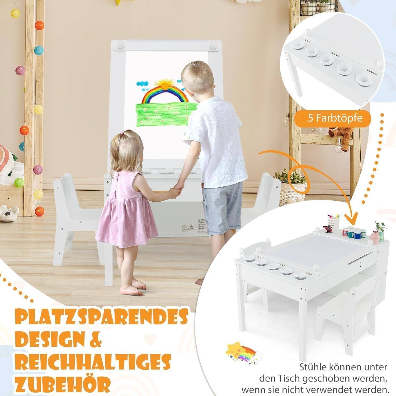 Kindertisch 3in1 Holz 2Stühle Maltisch kippbar Weiß mit 2 Ablagen