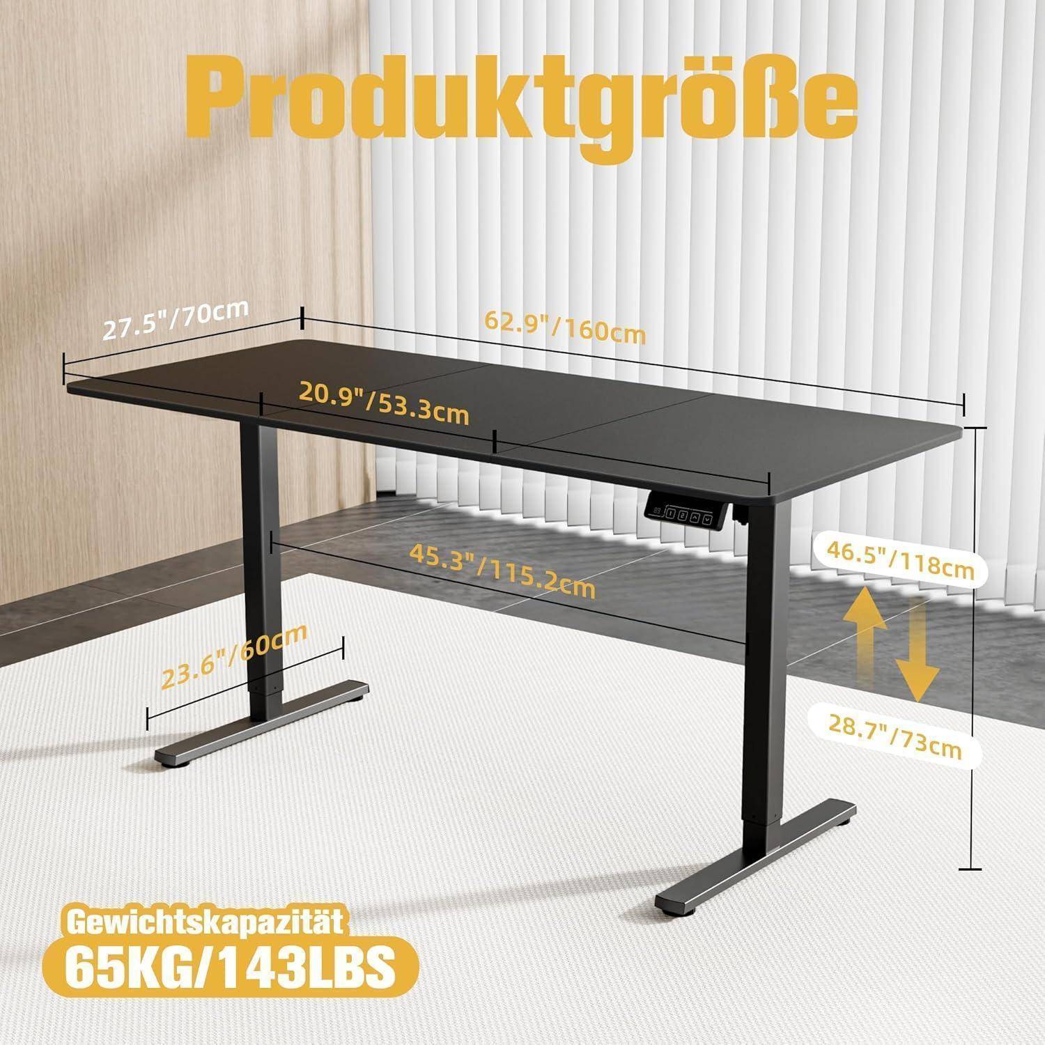 Schreibtisch Höhenverstellbar Elektrisch Memory Schwarz 160 x 70 cm