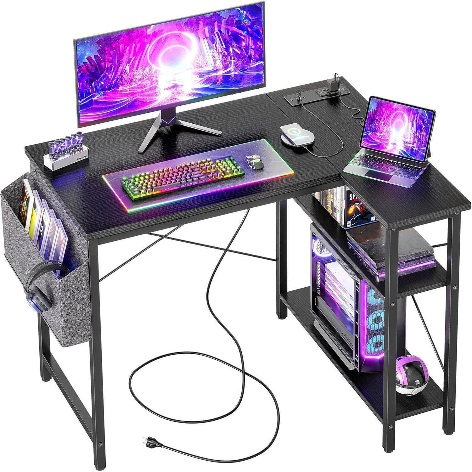 Schreibtisch L Eck Gaming 100 x 70 cm Schwarz Steckdosenleiste