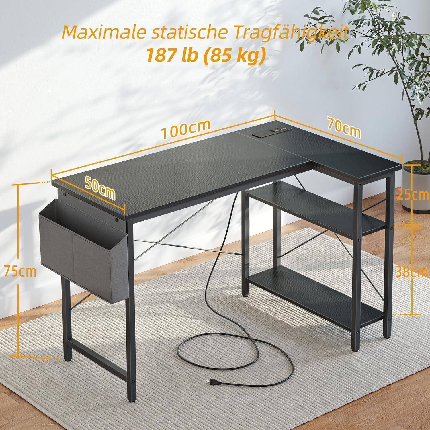 Schreibtisch L Eck Gaming 100 x 70 cm Schwarz Steckdosenleiste
