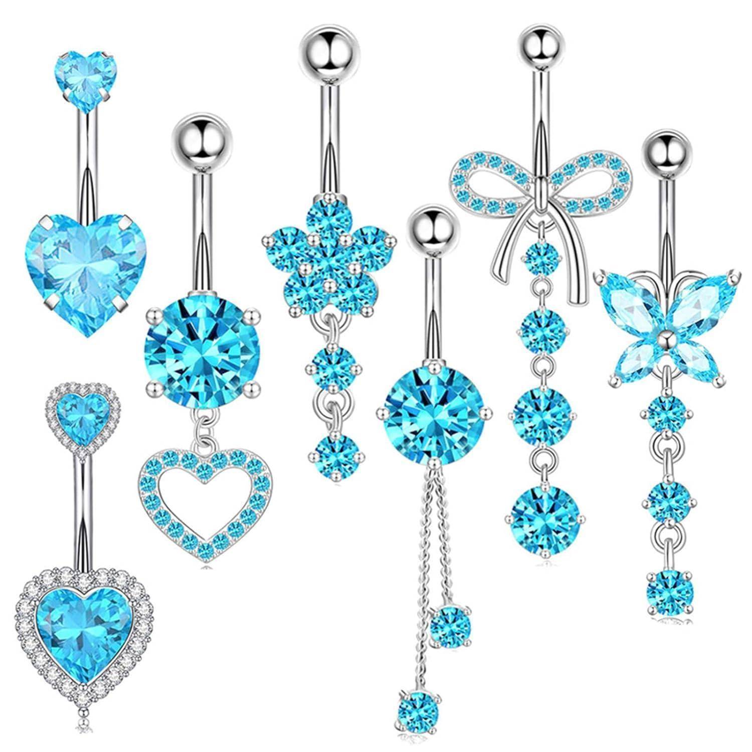 Bauchnabelpiercing Set 7 Edelstahl Zirkonia Hängend Herz Blue