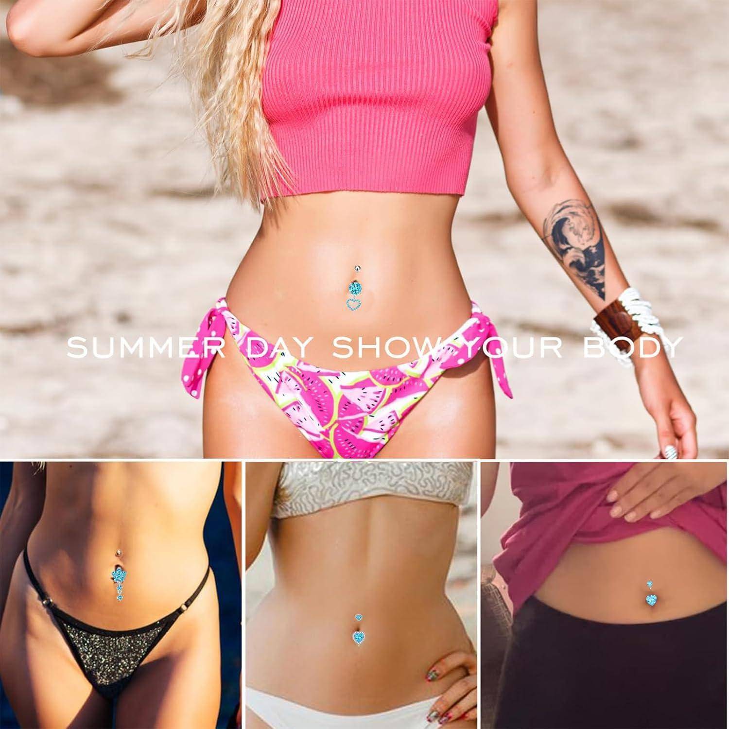 Bauchnabelpiercing Set 7 Edelstahl Zirkonia Hängend Herz Blue