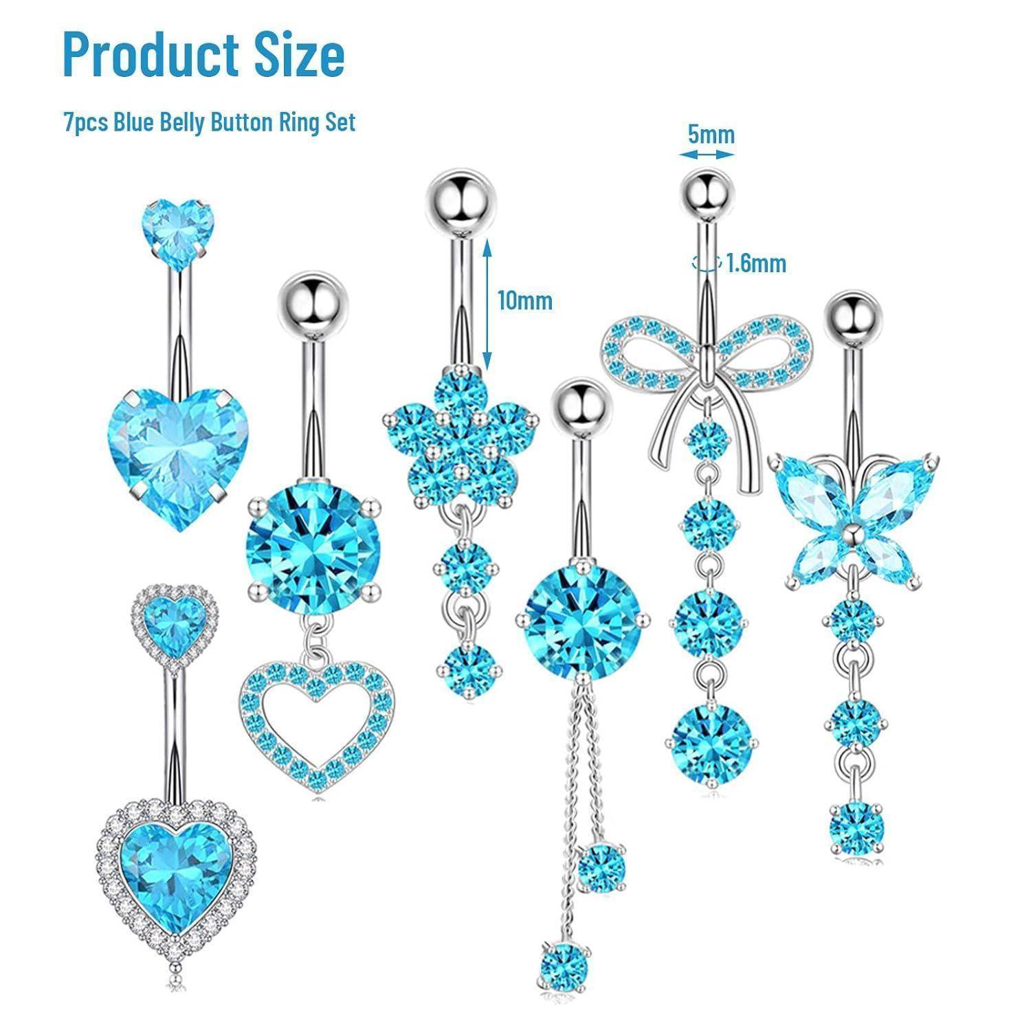 Bauchnabelpiercing Set 7 Edelstahl Zirkonia Hängend Herz Blue