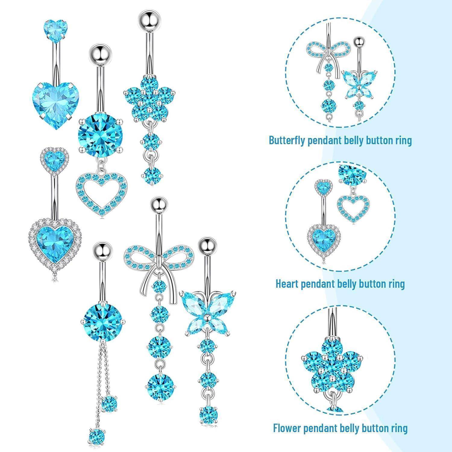 Bauchnabelpiercing Set 7 Edelstahl Zirkonia Hängend Herz Blue