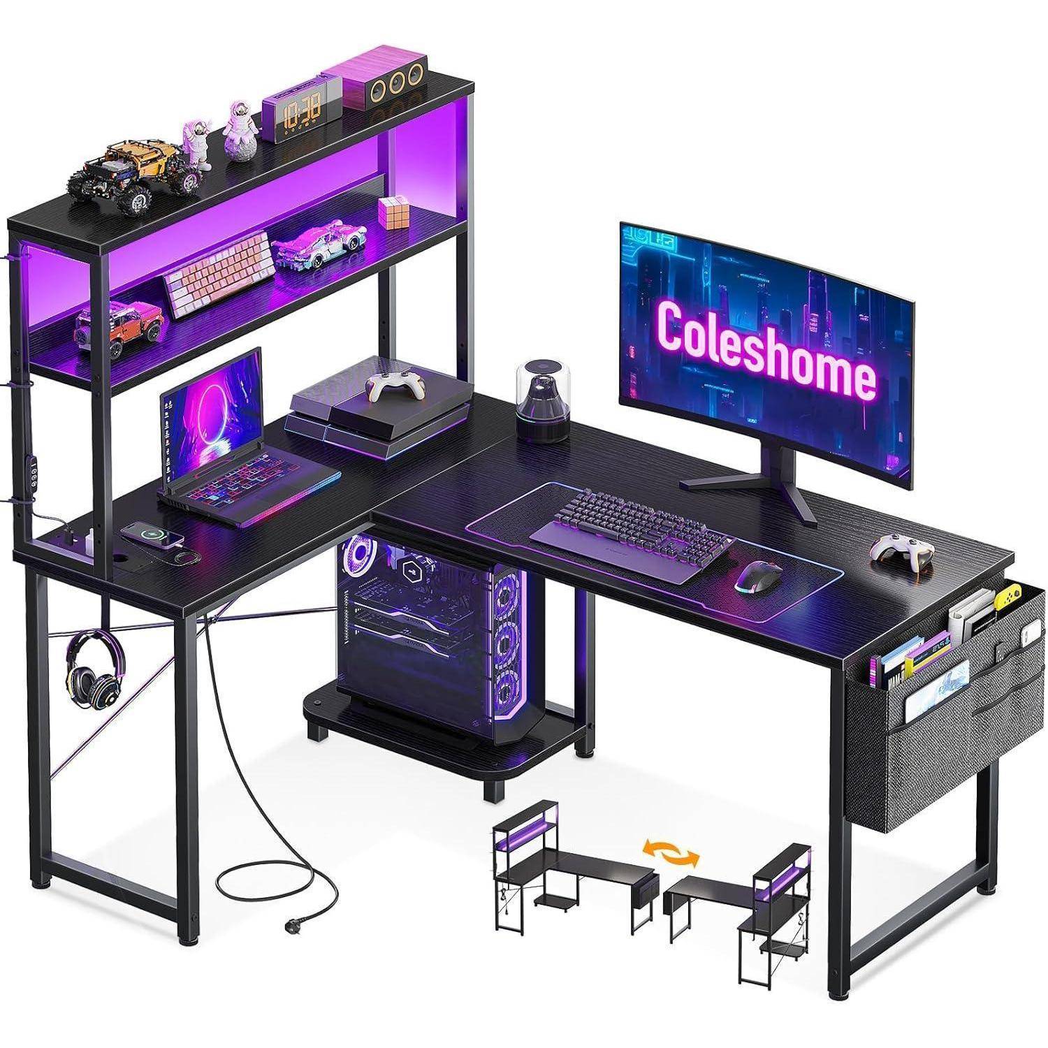 Gaming Tisch L Form LED Steckdosen Regal 110×80 cm Schwarz